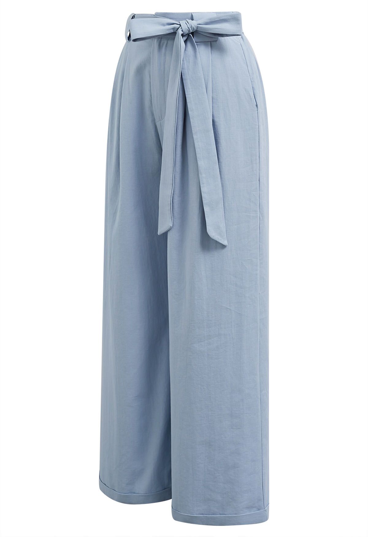 Bow Tie Sash Pleated Wide-Leg Pants in Blue