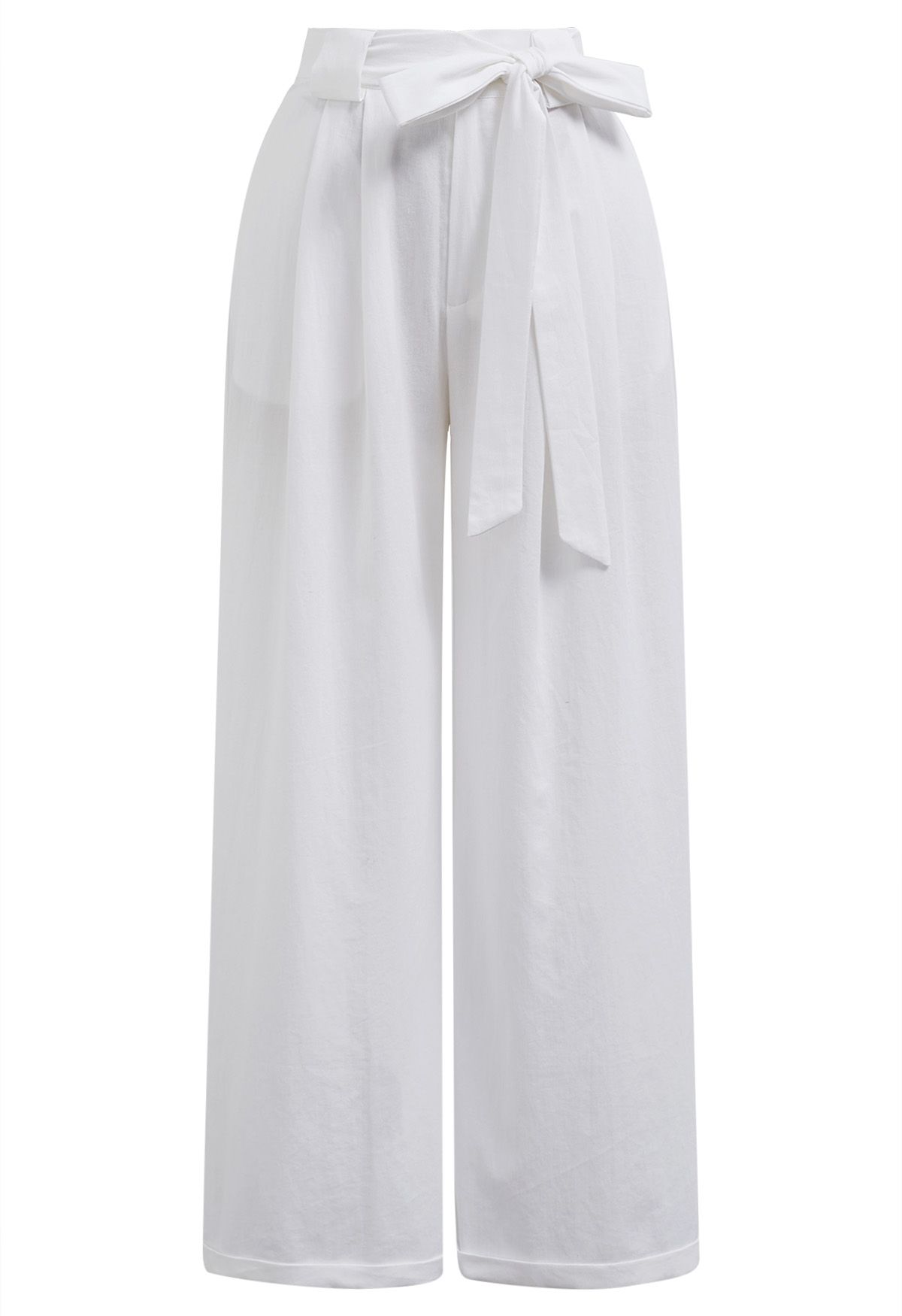 Bow Tie Sash Pleated Wide-Leg Pants in White