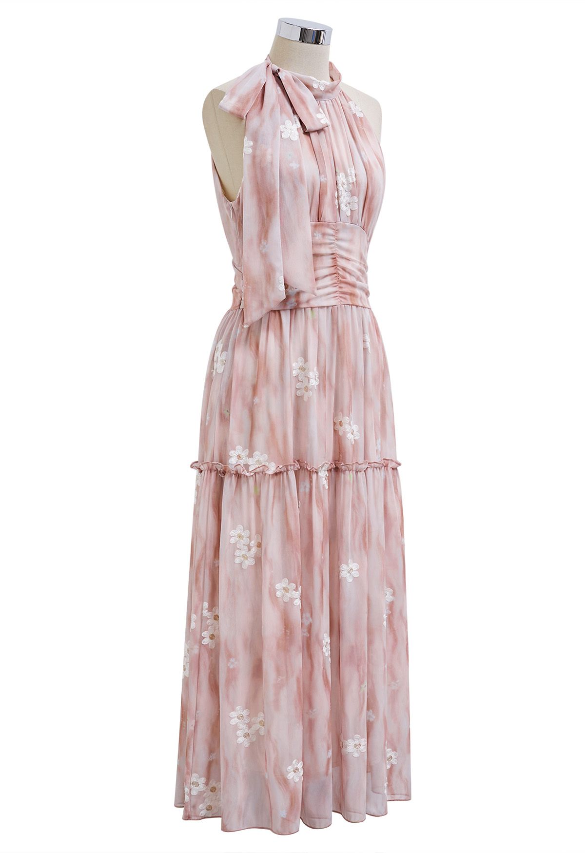 Floret Embroidery Bowknot Halter Neck Ruffle Midi Dress in Pink