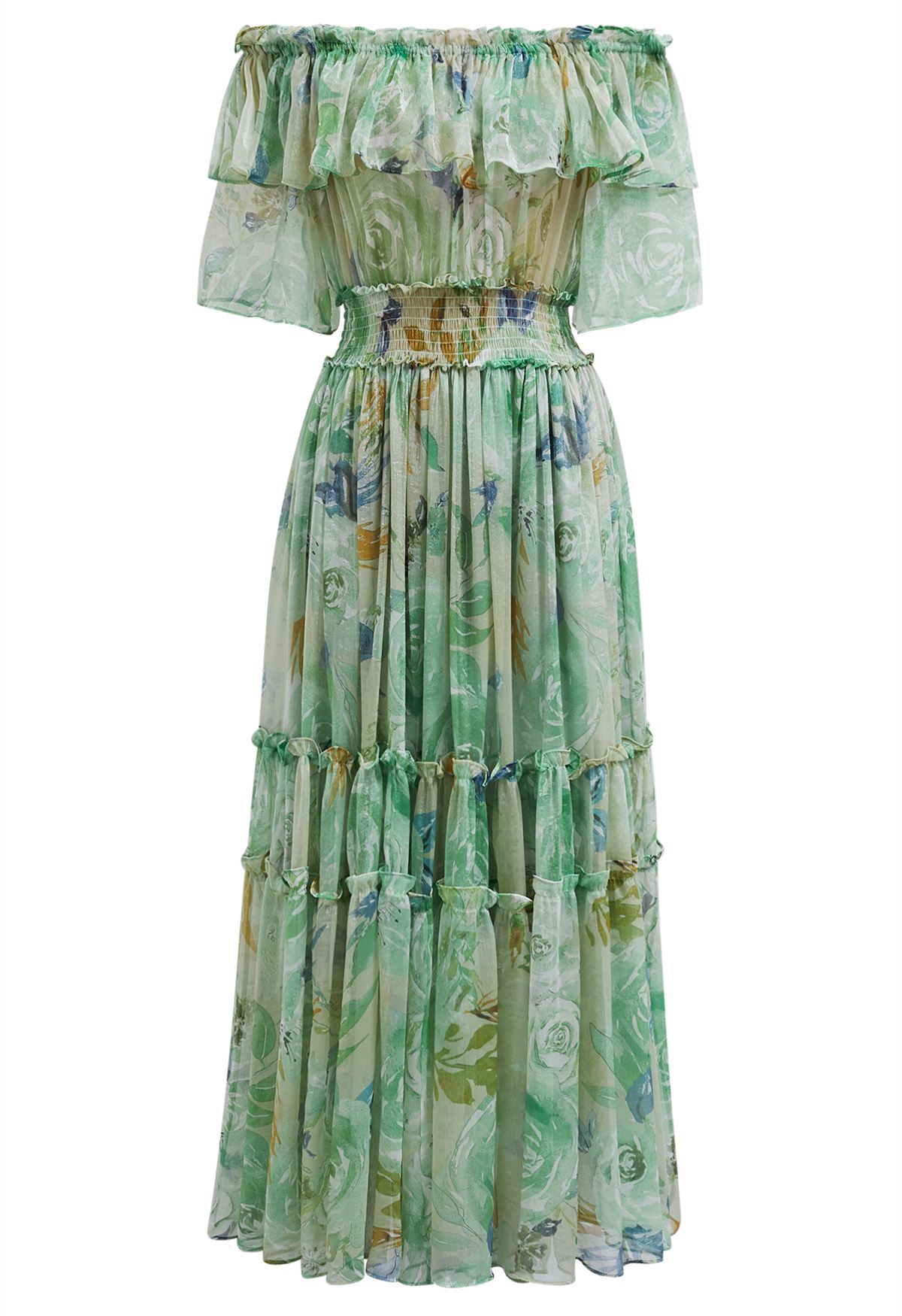 Summer Days Floral Off-Shoulder Ruffle Tiers Chiffon Dress in Green