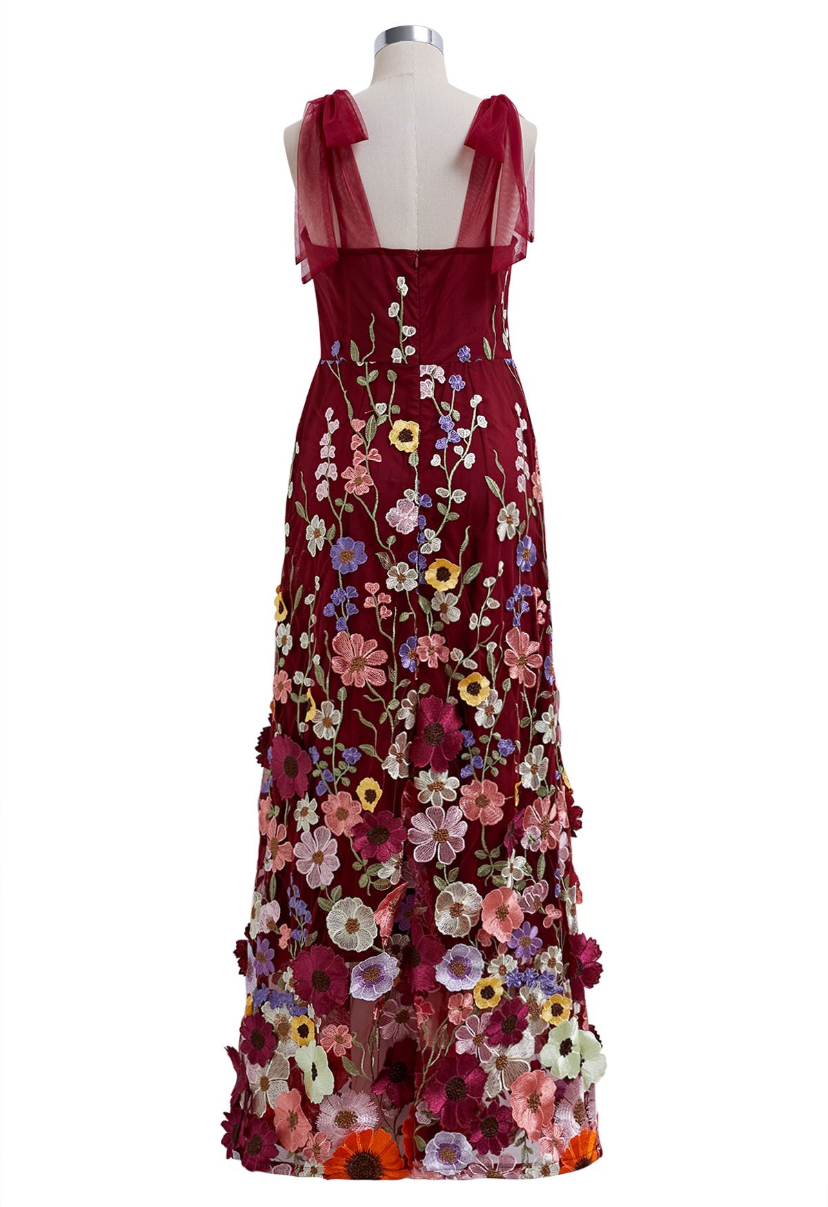3D Floral Applique Tie-Strap Mesh Tulle Maxi Dress in Burgundy