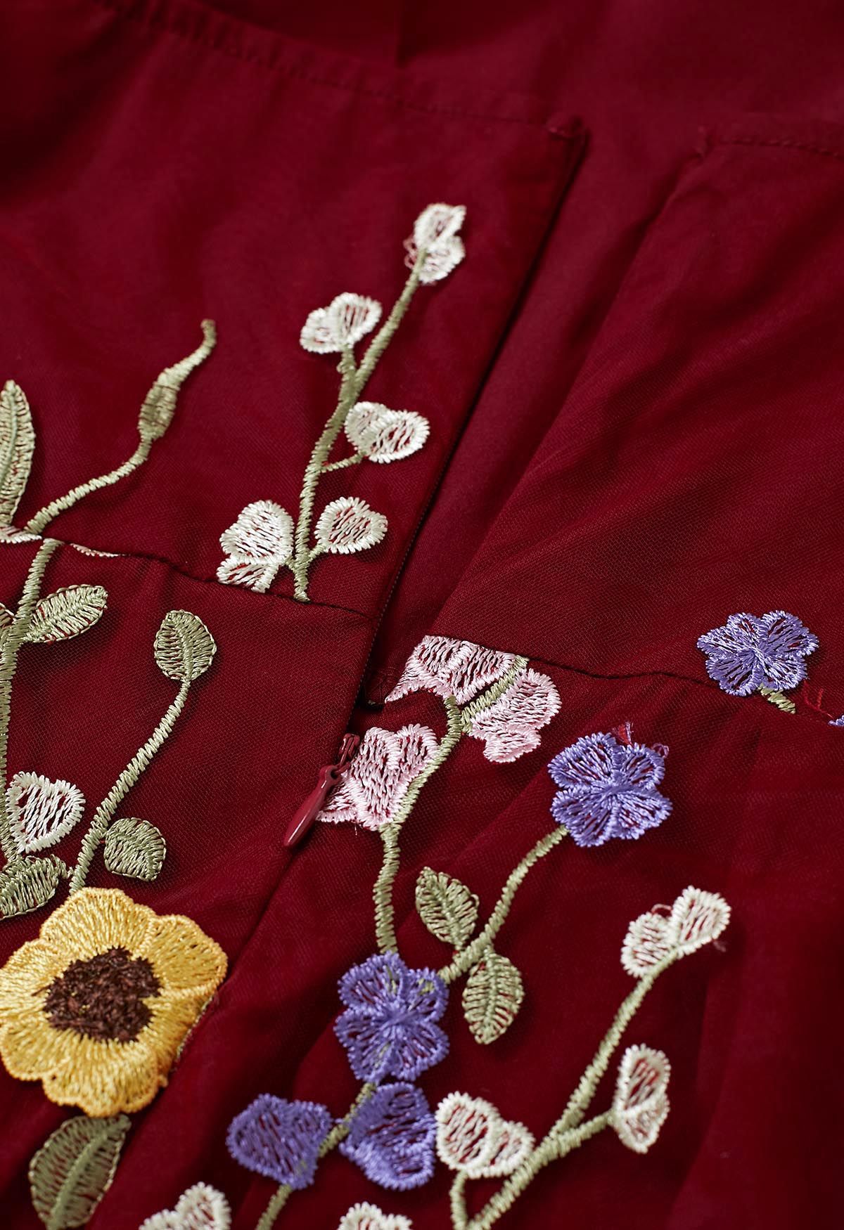 3D Floral Applique Tie-Strap Mesh Tulle Maxi Dress in Burgundy