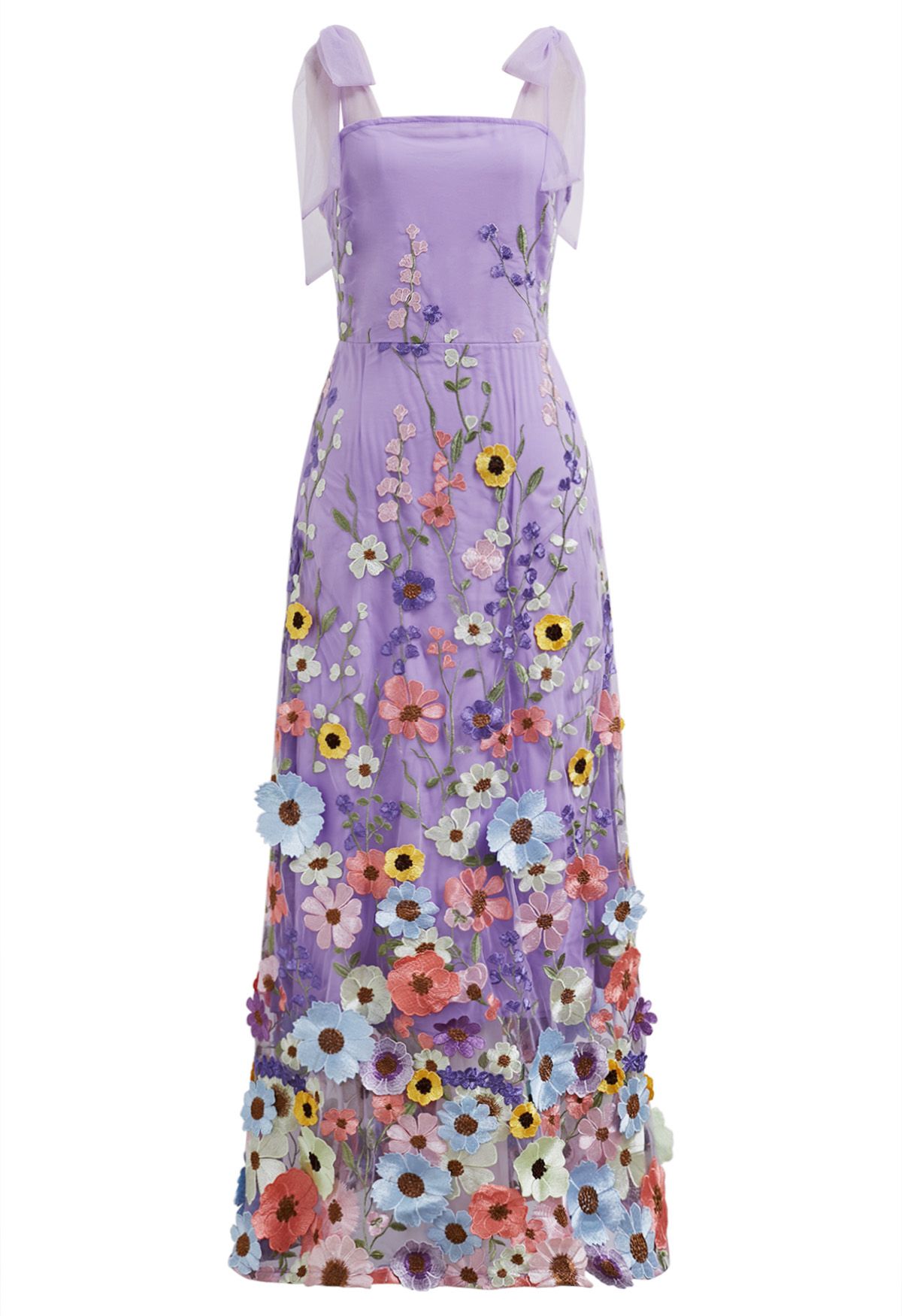 3D Floral Applique Tie-Strap Mesh Tulle Maxi Dress in Lilac
