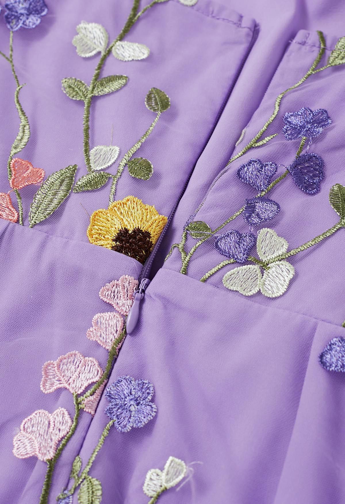 3D Floral Applique Tie-Strap Mesh Tulle Maxi Dress in Lilac