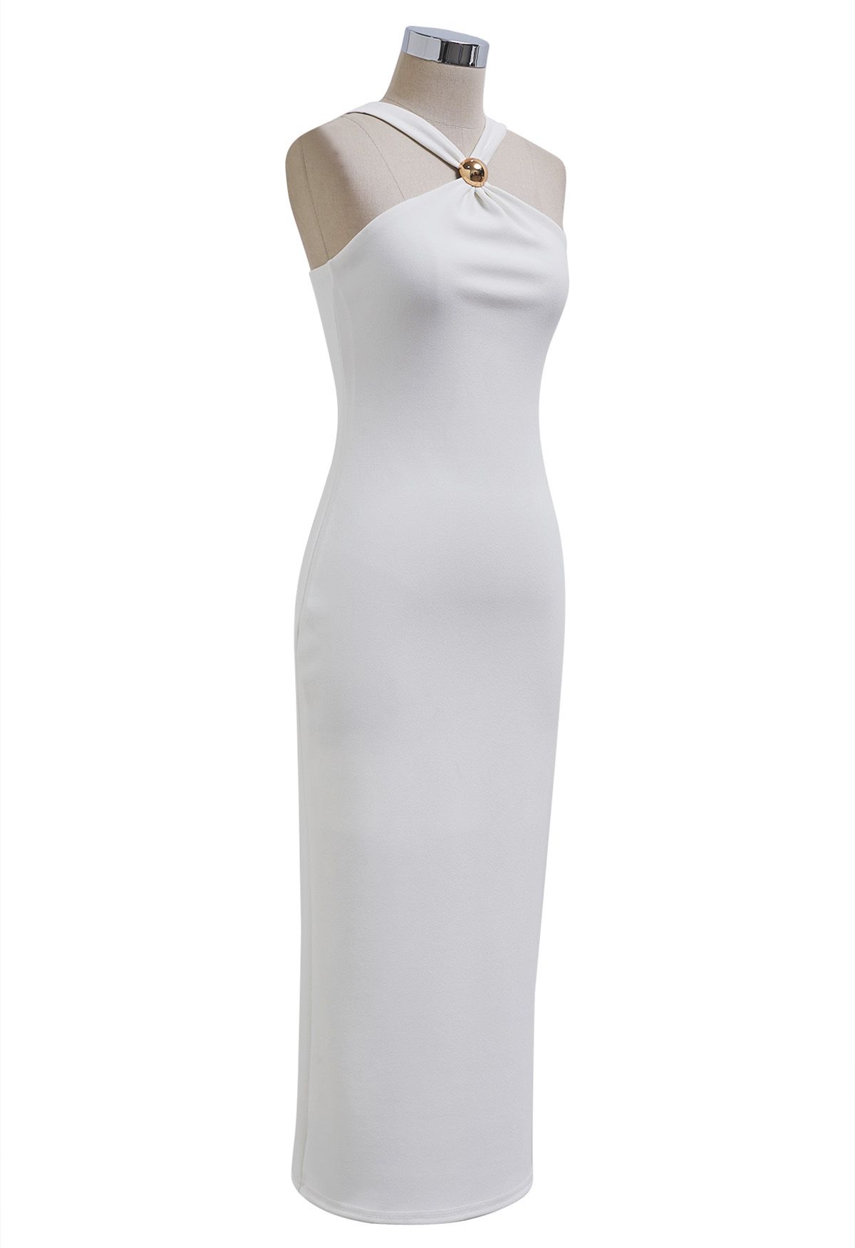 Golden Bead Trim Halter Sheath Dress in White