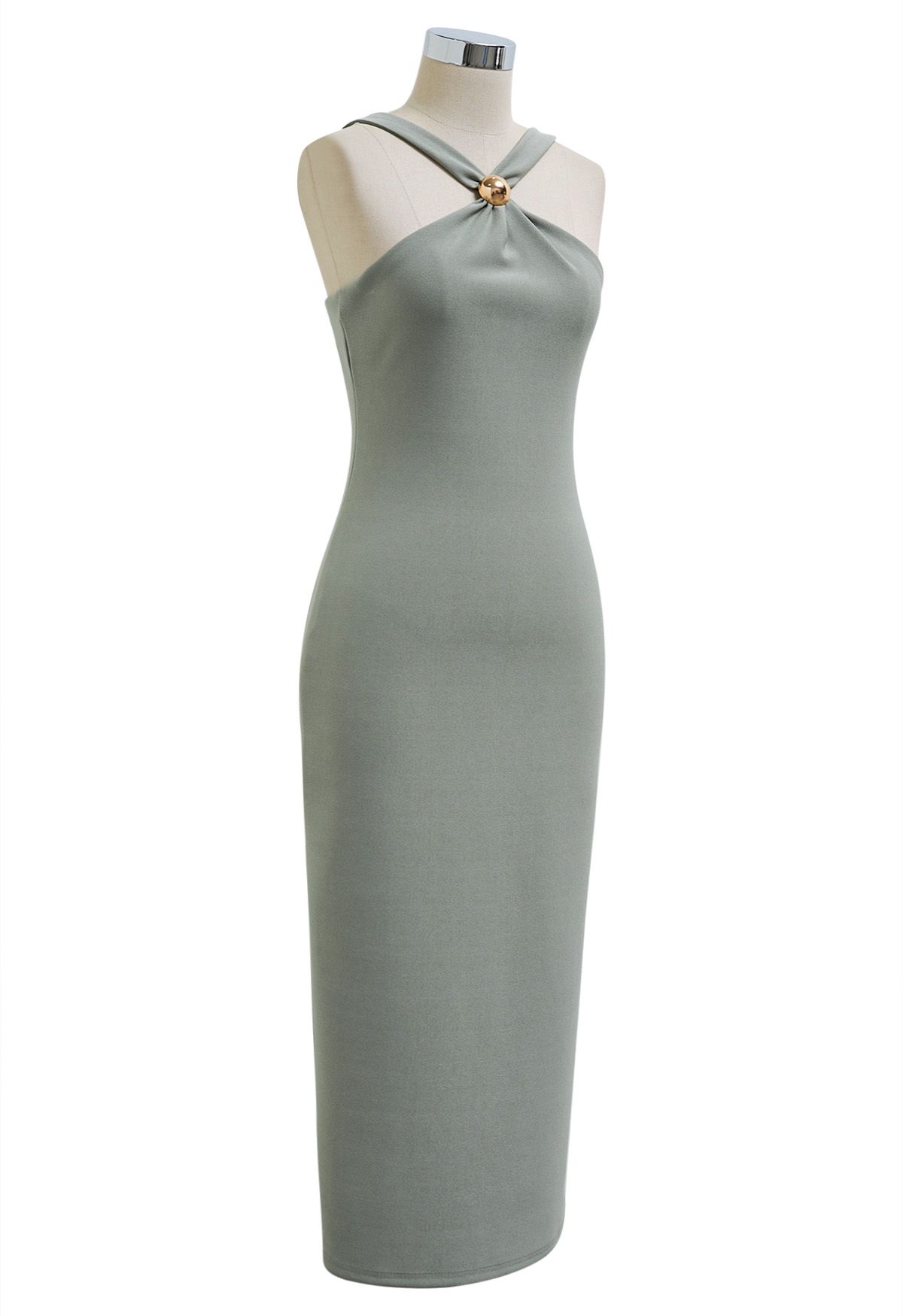 Golden Bead Trim Halter Sheath Dress in Sage