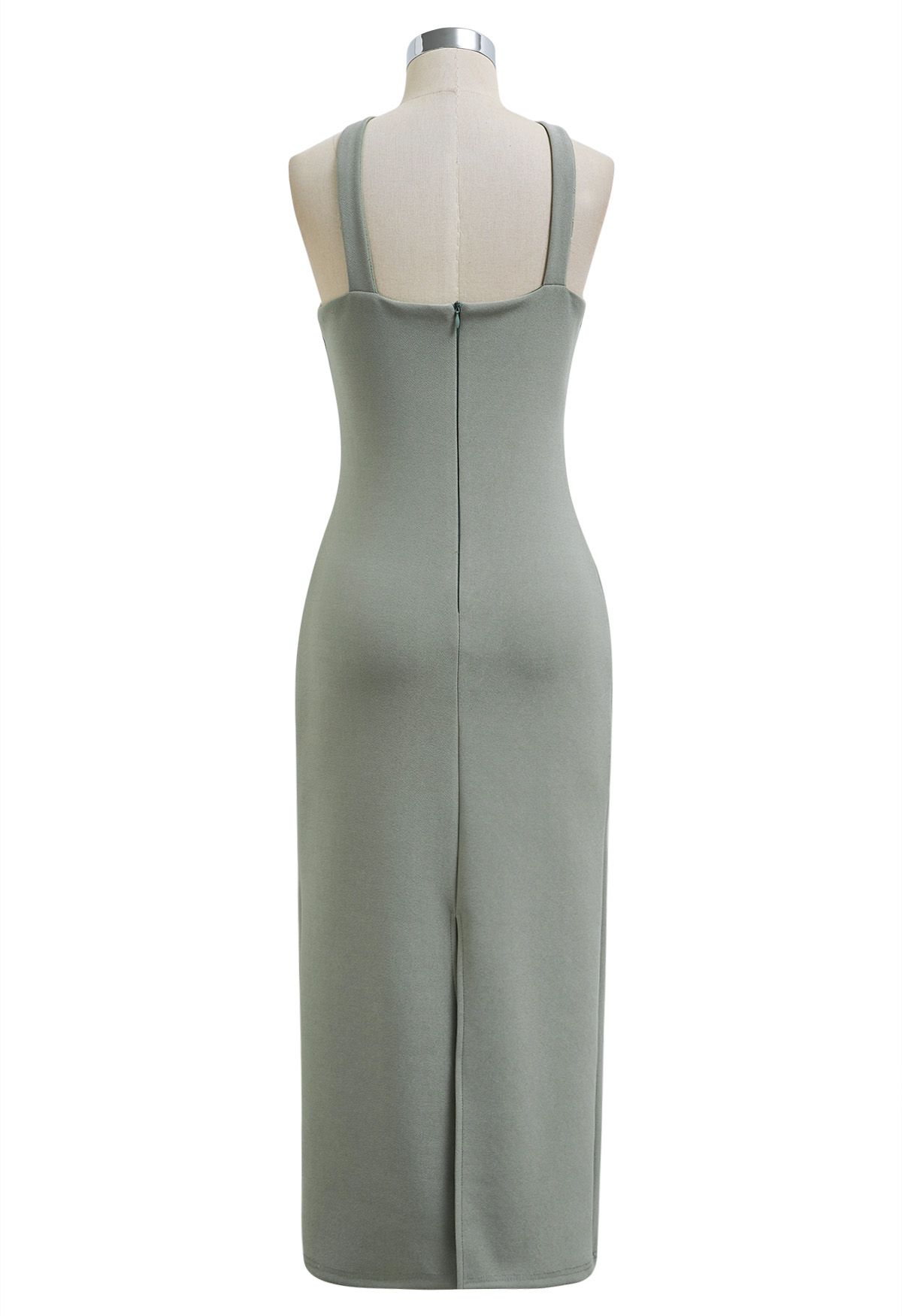 Golden Bead Trim Halter Sheath Dress in Sage