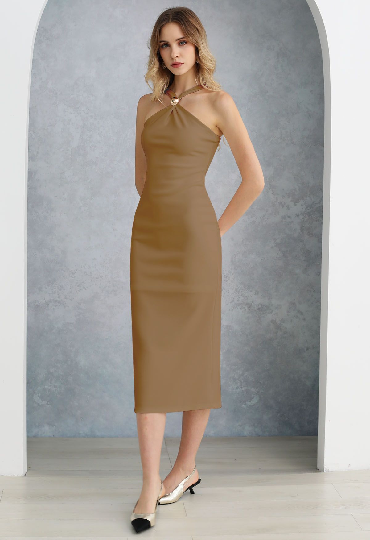 Golden Bead Trim Halter Sheath Dress in Caramel