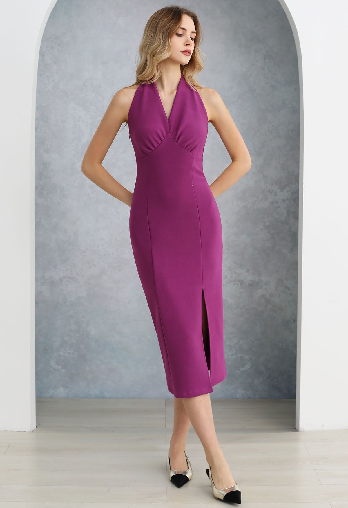 Modern Muse Halter Neck Slit Sheath Dress in Magenta