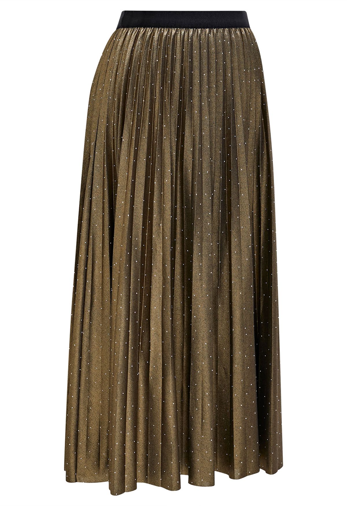 Rhinestone Embellished Pleated Midi Skirt in Moss Green Retro Indie and Unique Fashion