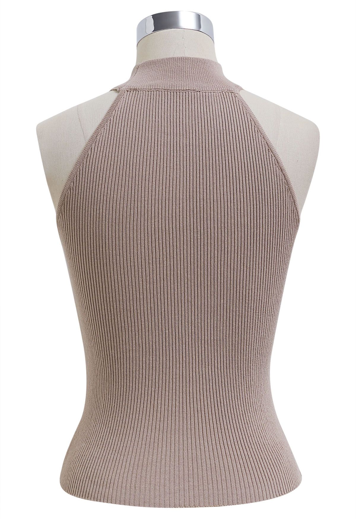 Crisscross Ribbon Sleeveless Halter Knit Top in Taupe