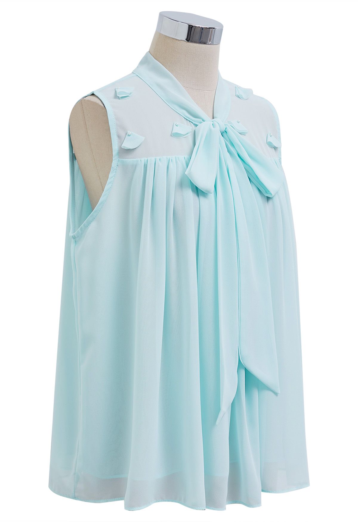 Pearly Petal Bowknot Chiffon Sleeveless Top in Mint