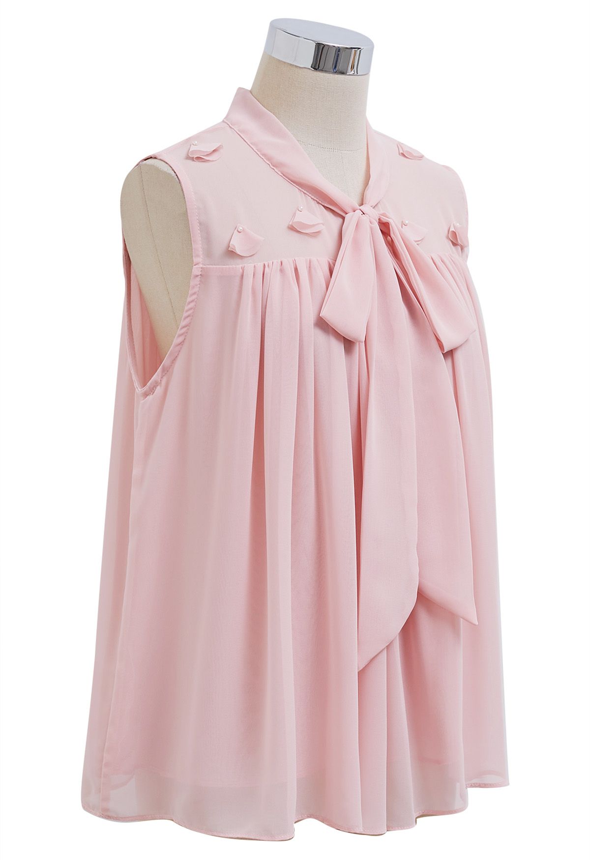 Pearly Petal Bowknot Chiffon Sleeveless Top in Pink