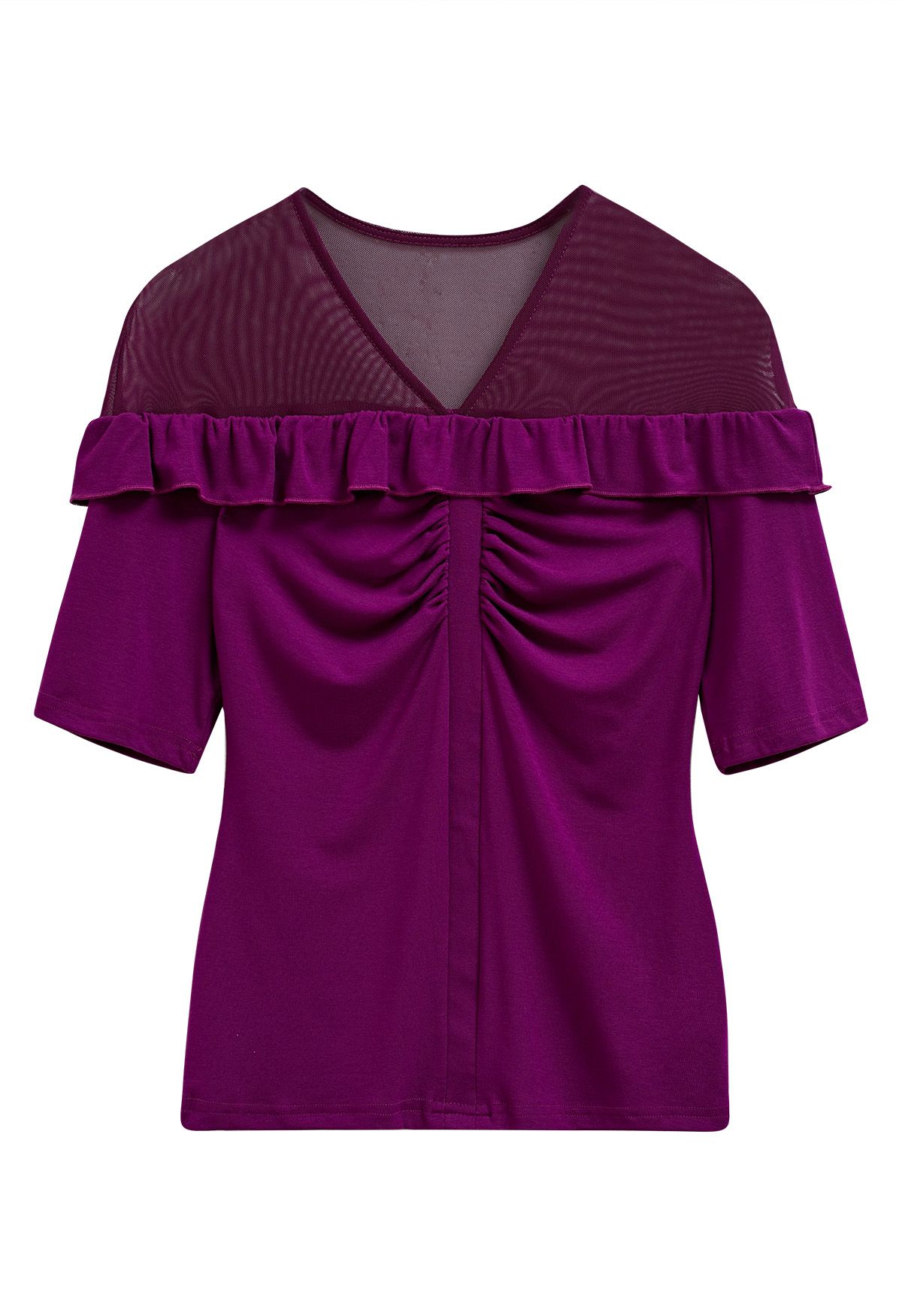 V-Neck Mesh Spliced Ruffle Top in Magenta