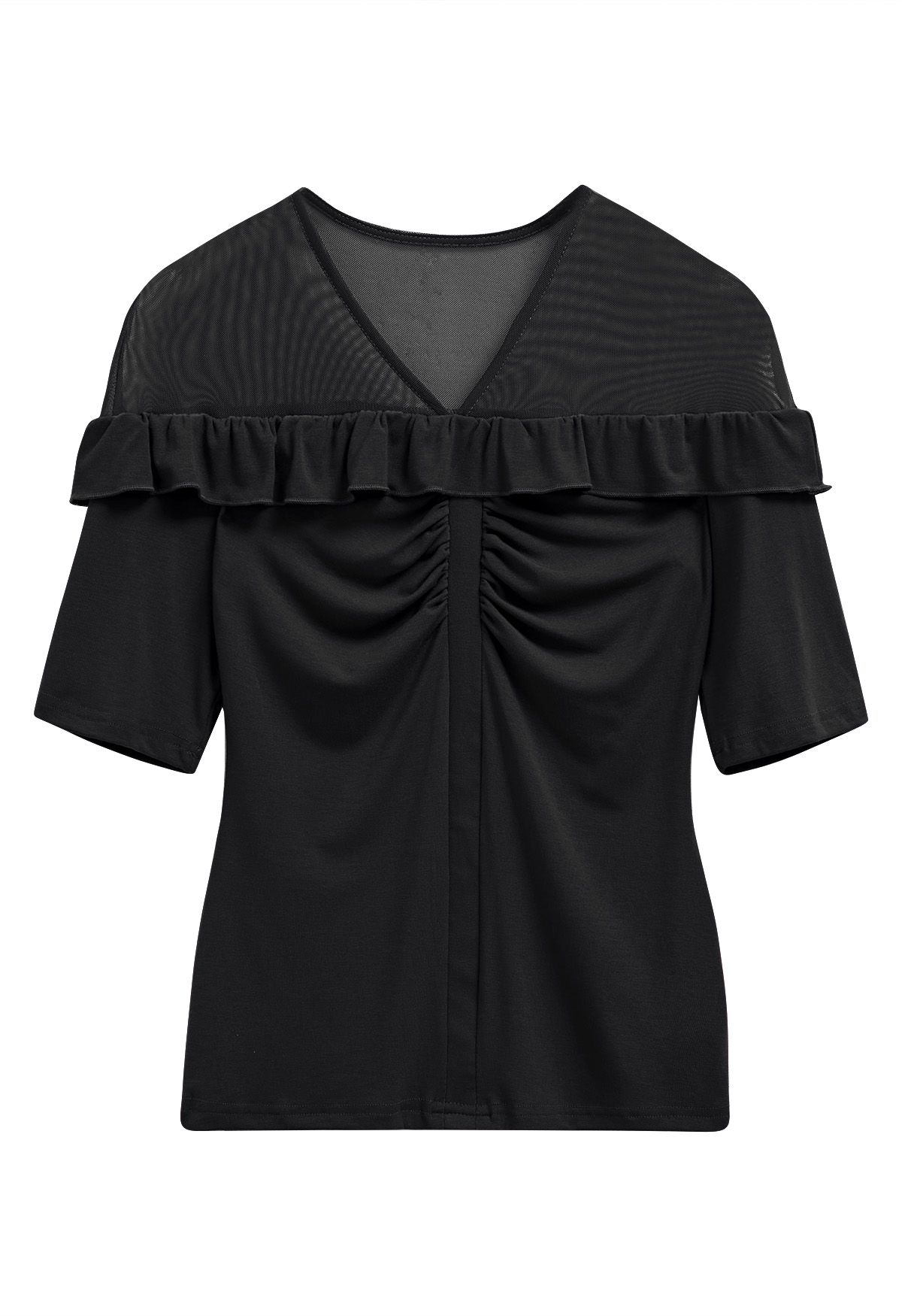 V-Neck Mesh Spliced Ruffle Top in Black