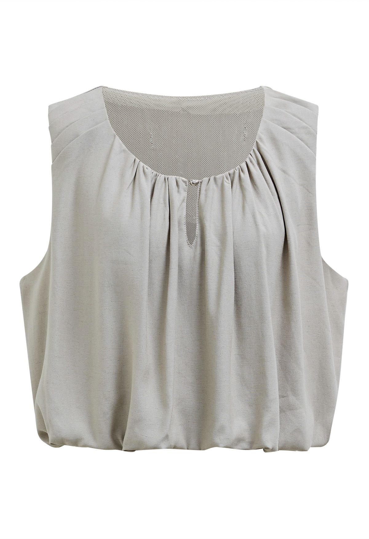 Mesh Inserted Linen-Blend Sleeveless Crop Top in Oatmeal