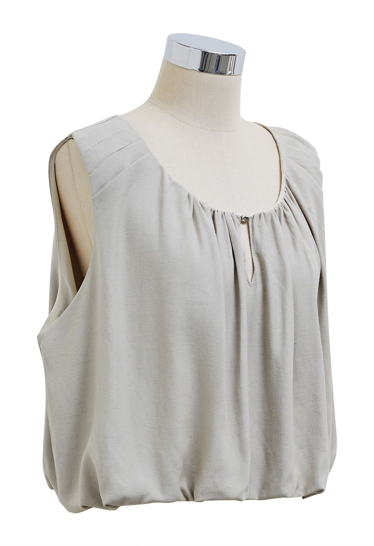 Mesh Inserted Linen-Blend Sleeveless Crop Top in Oatmeal