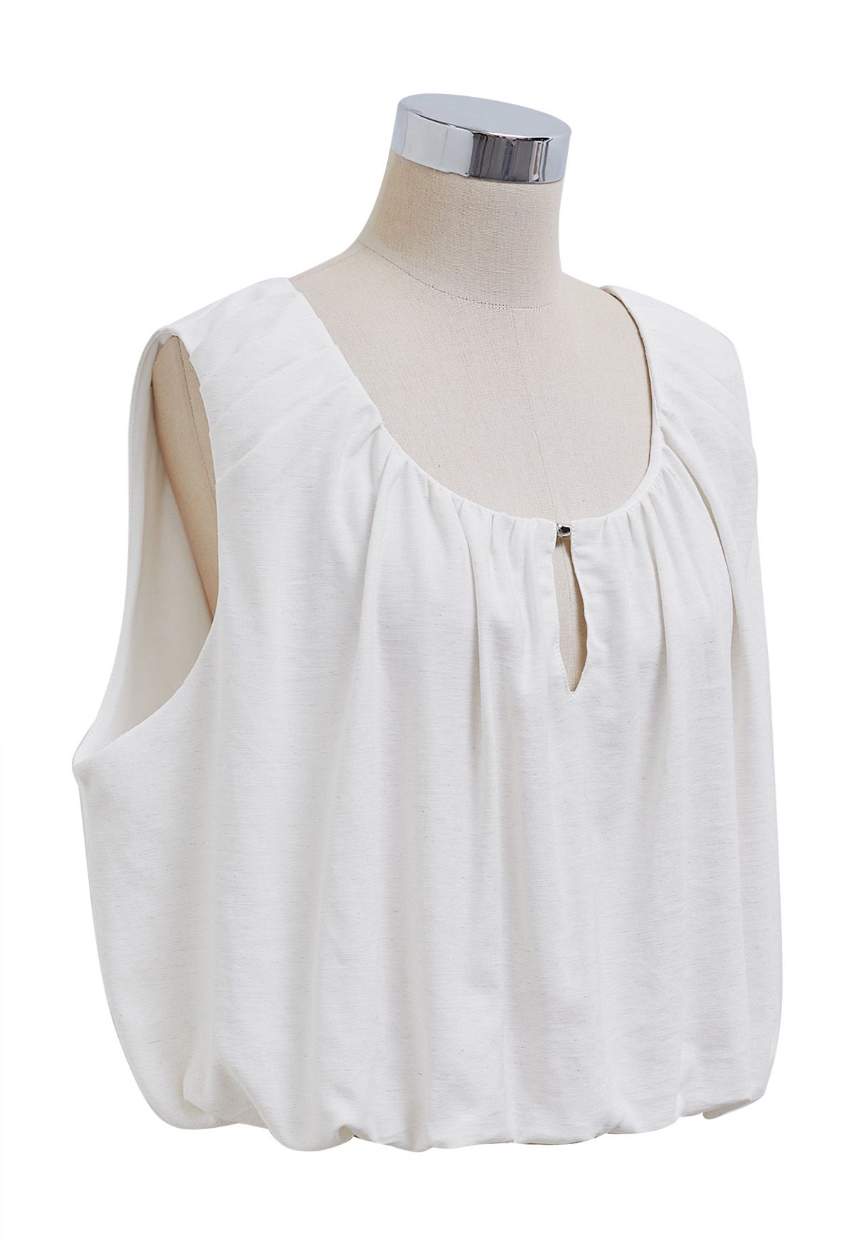 Mesh Inserted Linen-Blend Sleeveless Crop Top in White