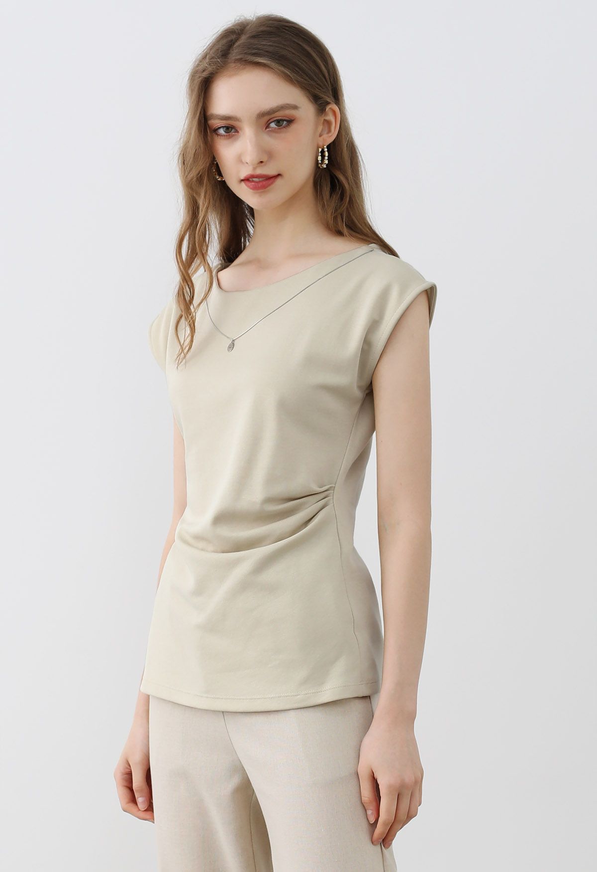 Decorative Necklace Side Pleat Cotton Top in Sand