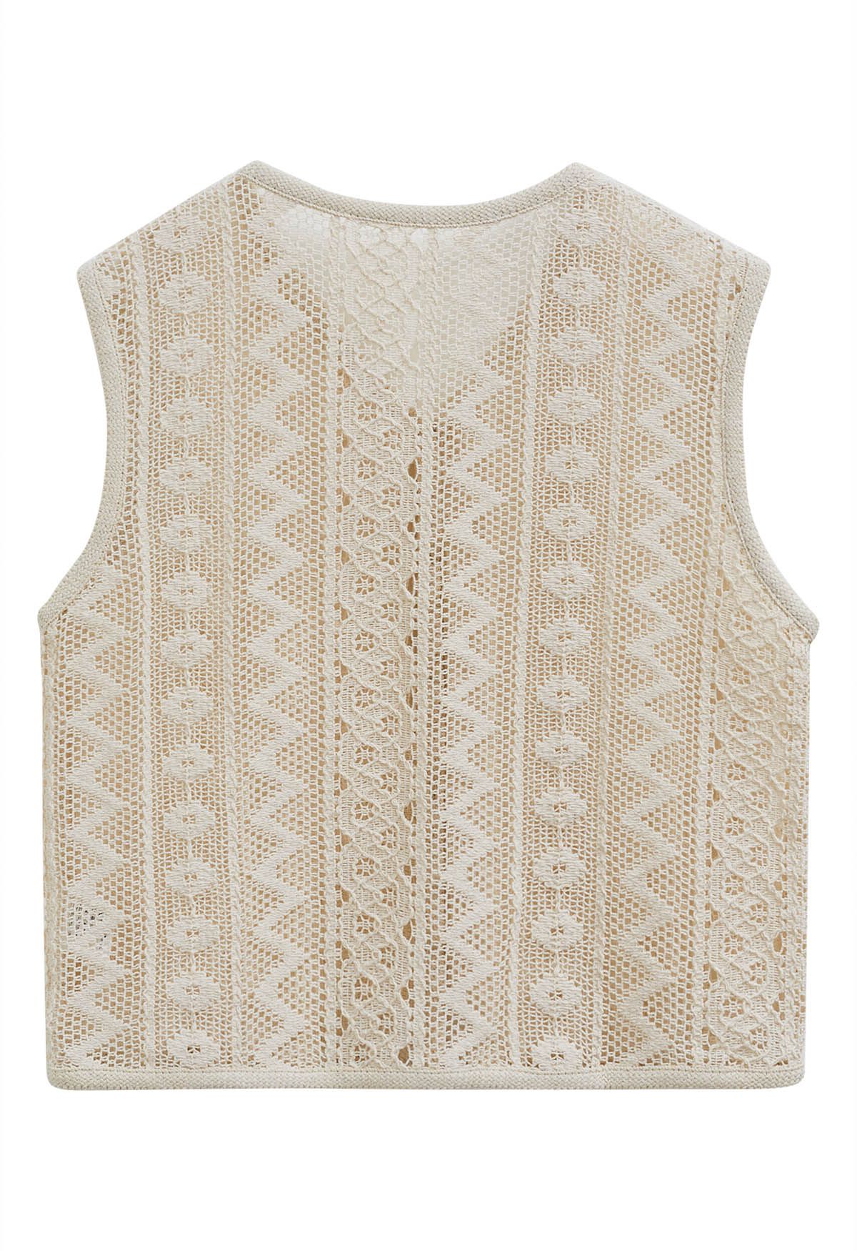 V-Neck Openwork Cotton Vest in Camel