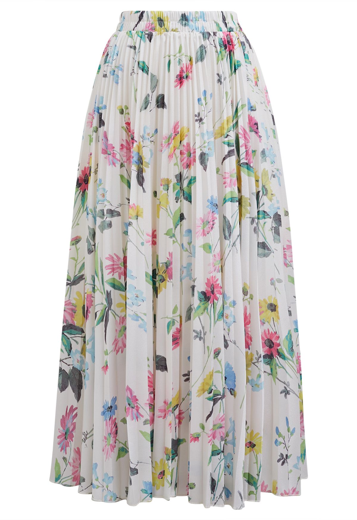 Vivid Floral Print Pleated Maxi Skirt in White Retro Indie and Unique Fashion