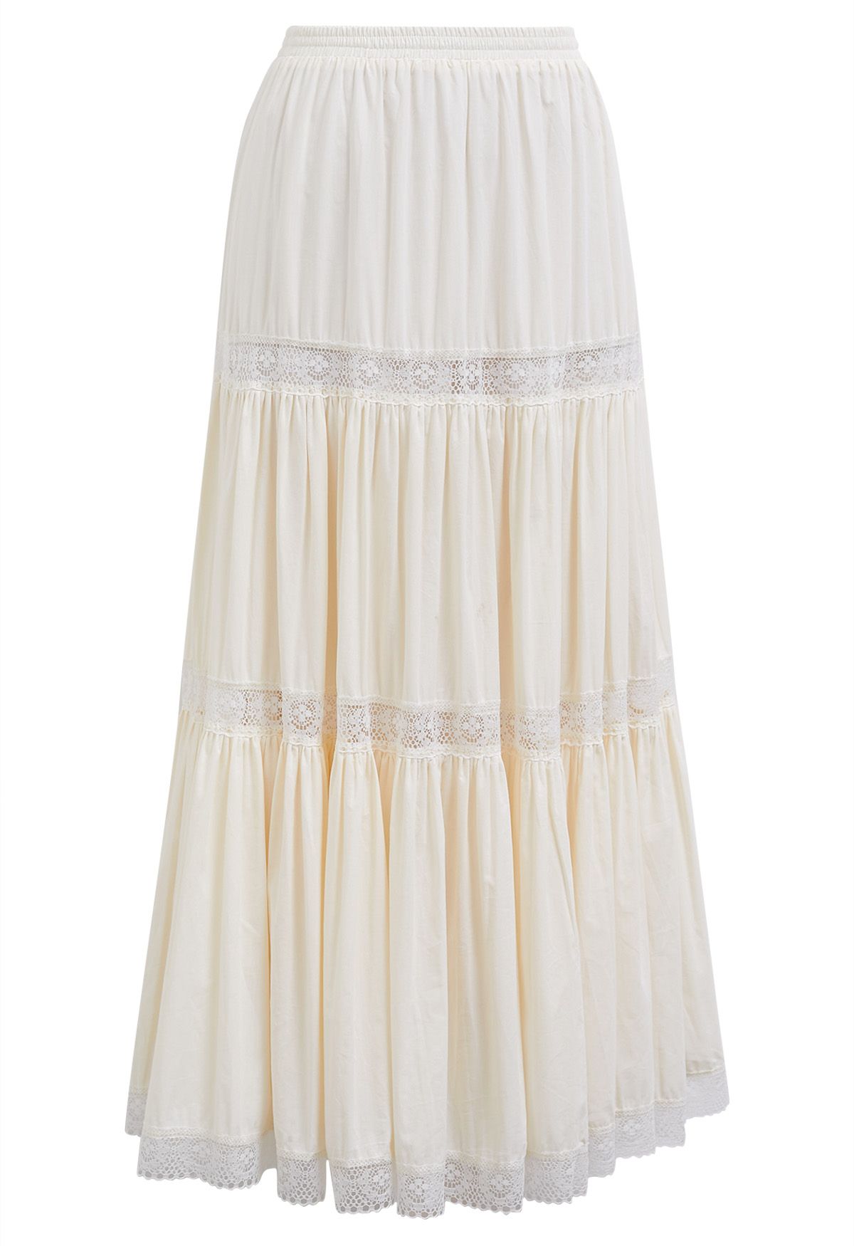 Lace Spliced Cotton Midi Skirt in Cream