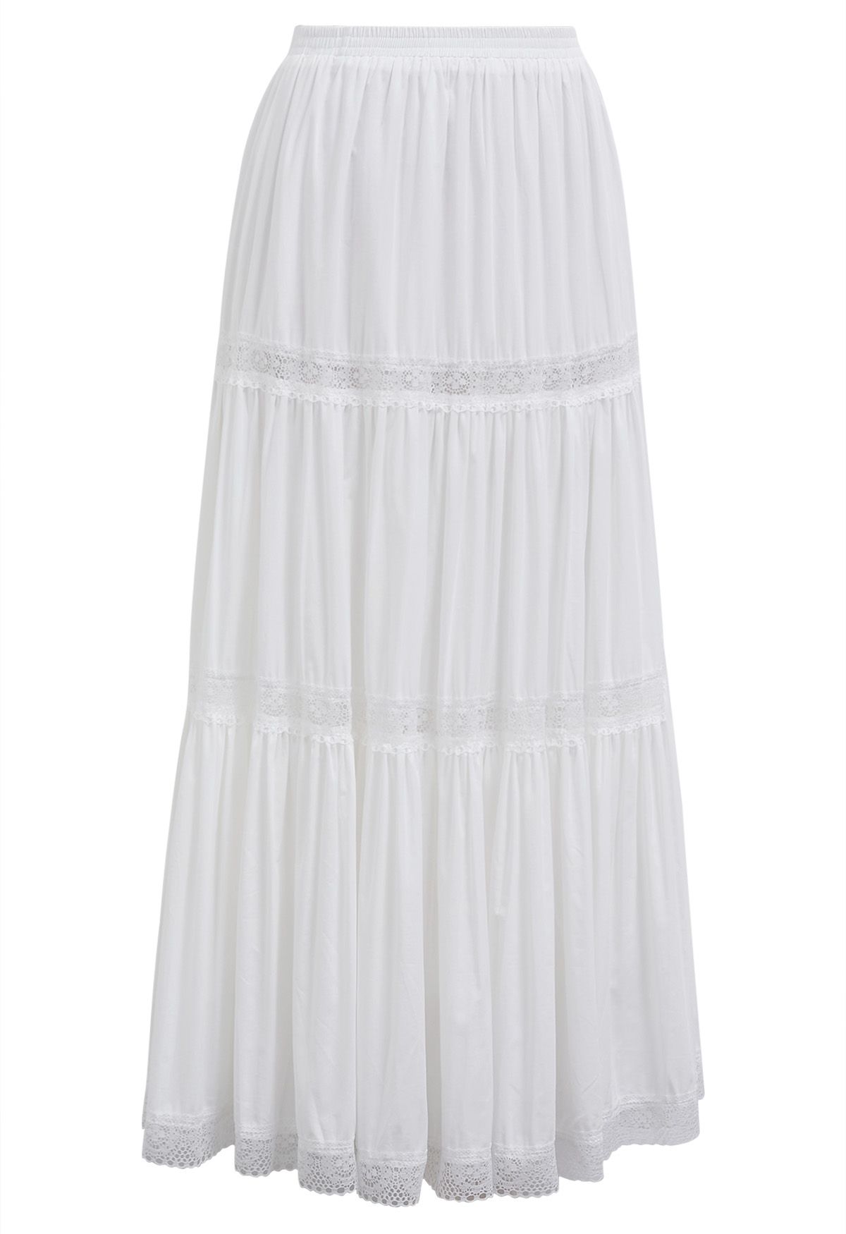 Lace Spliced Cotton Midi Skirt in White