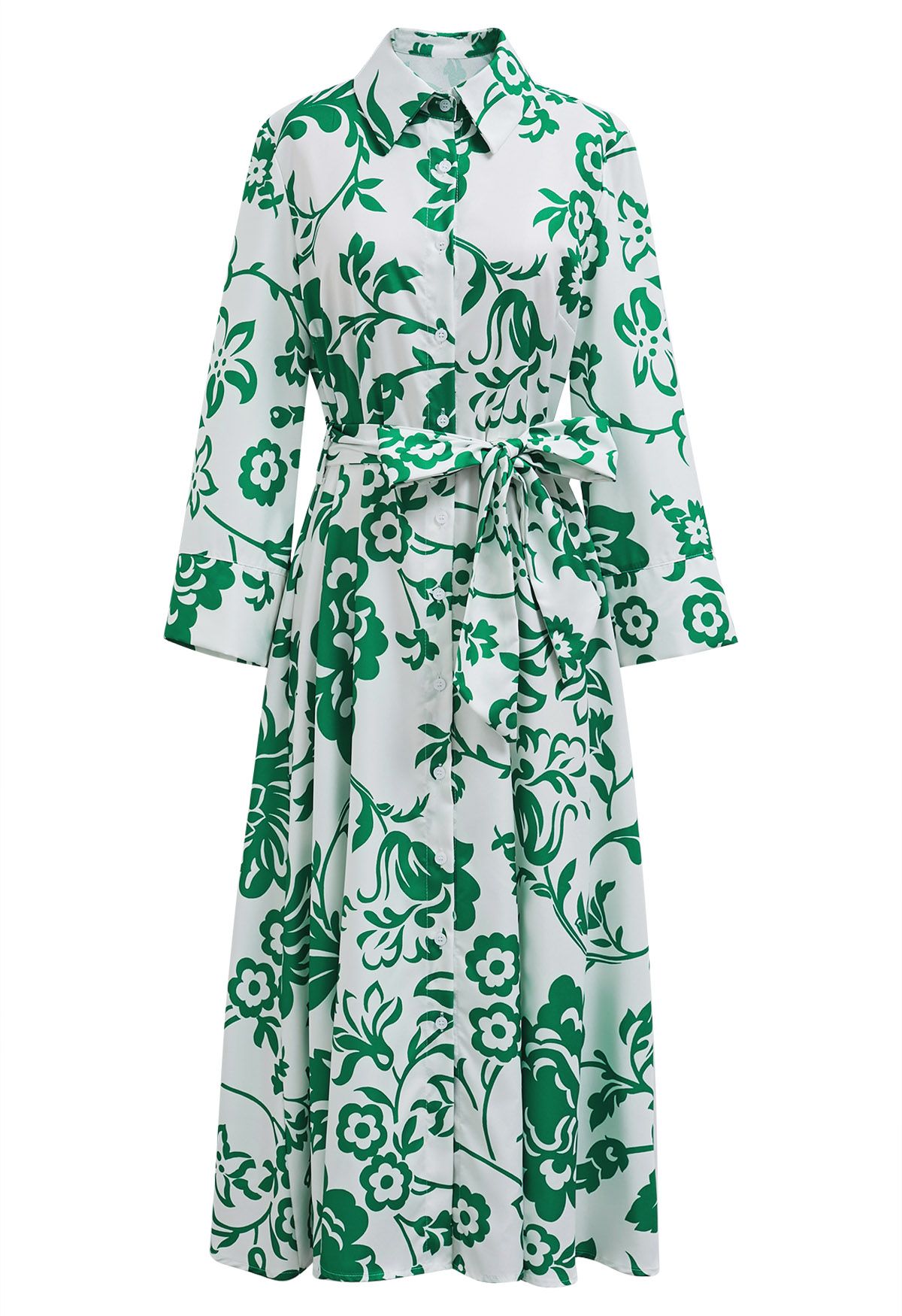 Green Floral Button Down Midi Shirt Dress Retro Indie and Unique Fashion