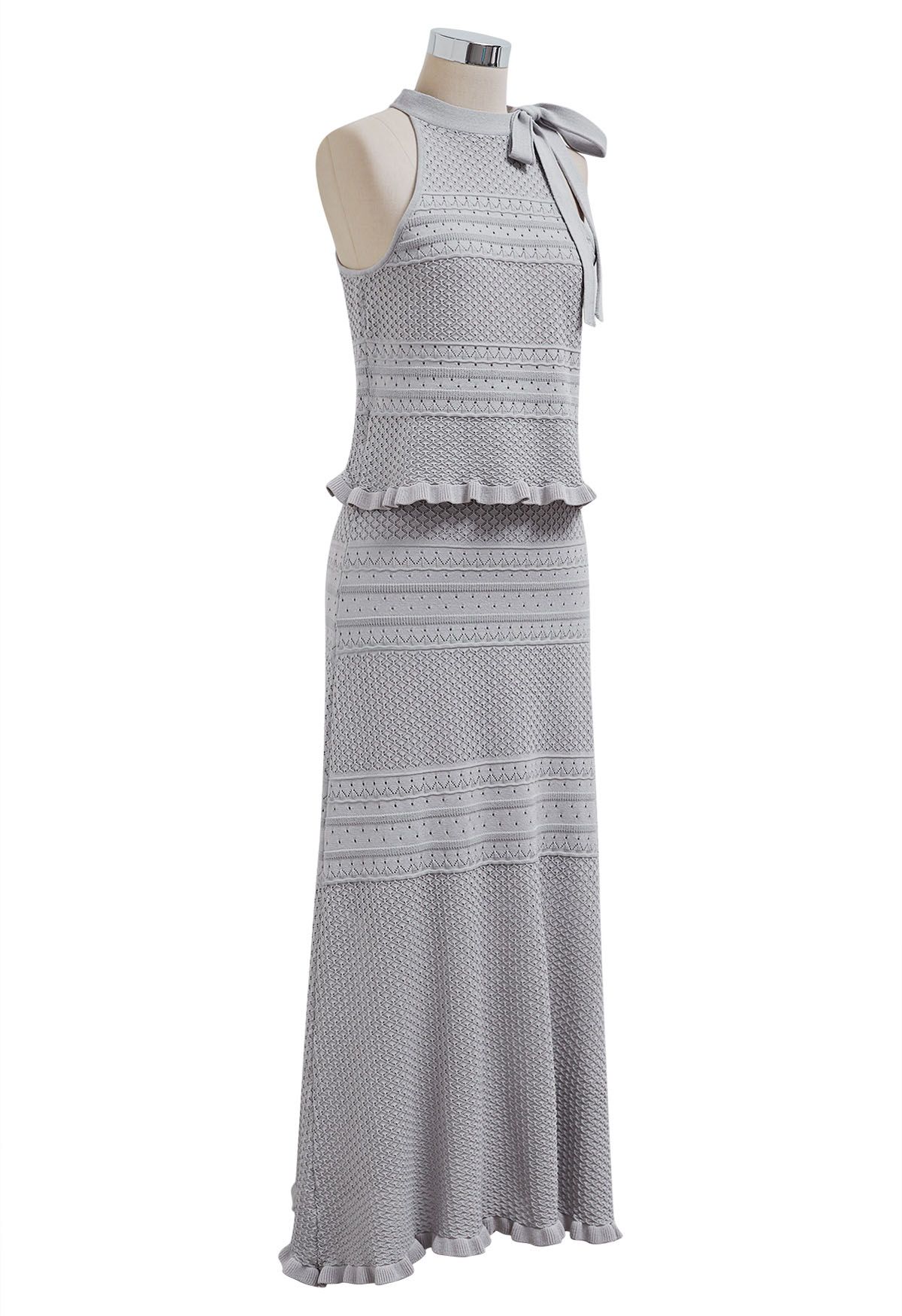 Full Crochet Halter Top and Maxi Skirt Set in Grey