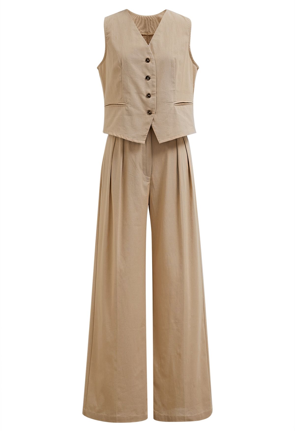 Linen-Blend Button Down Vest and Pants Set in Tan