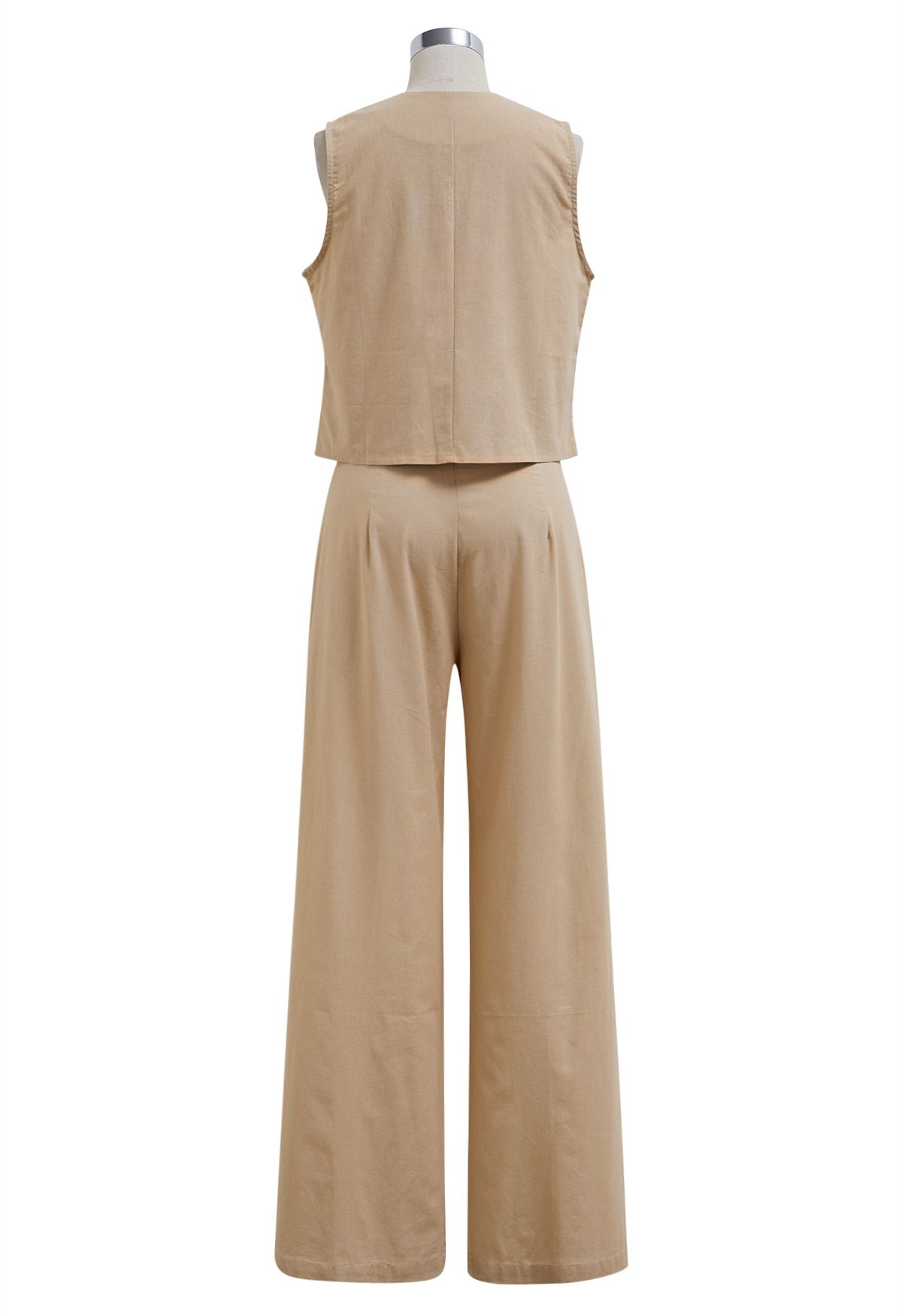 Linen-Blend Button Down Vest and Pants Set in Tan