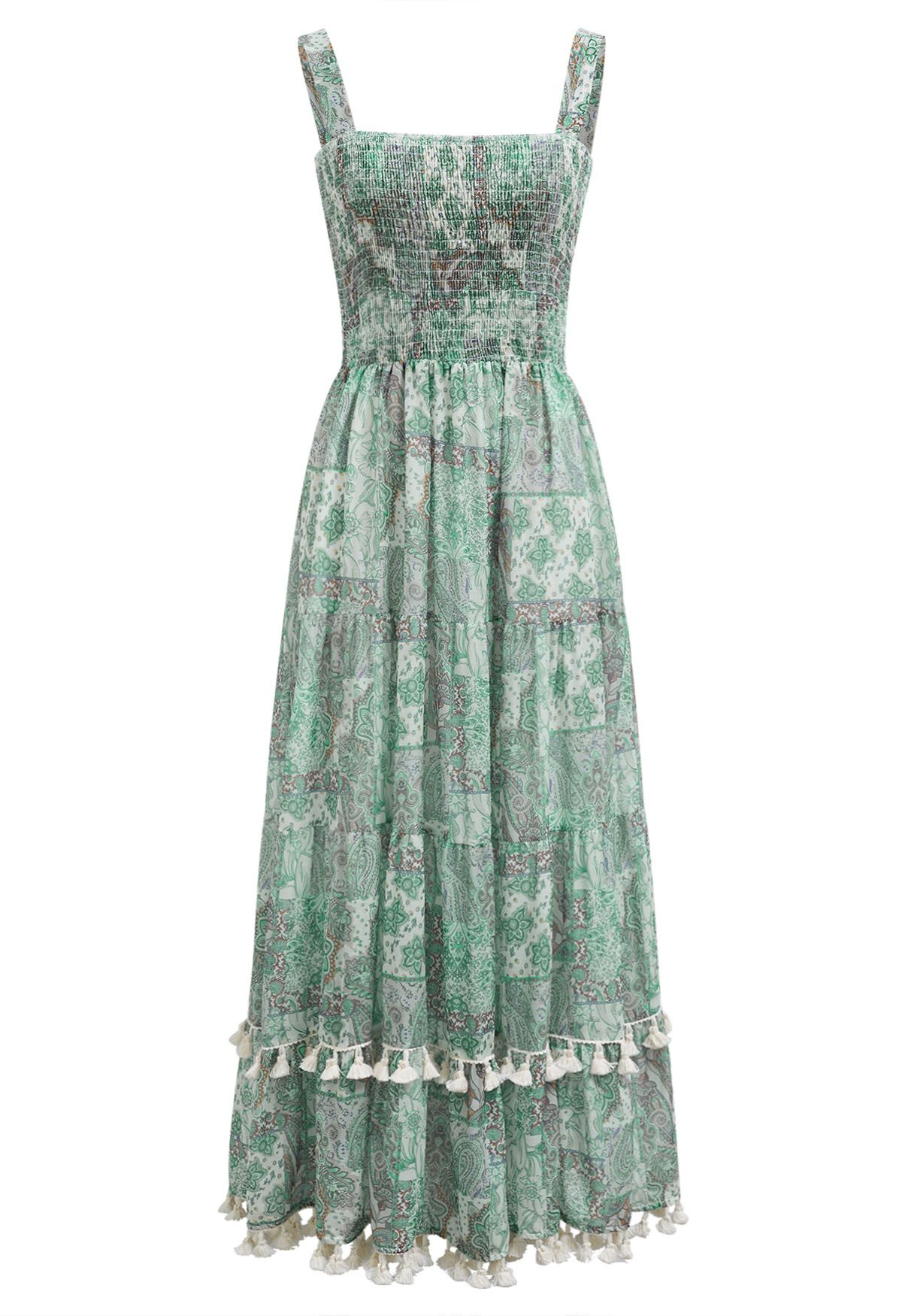 Floral Printed Tassel Trim Shirred Cami Dress in Green