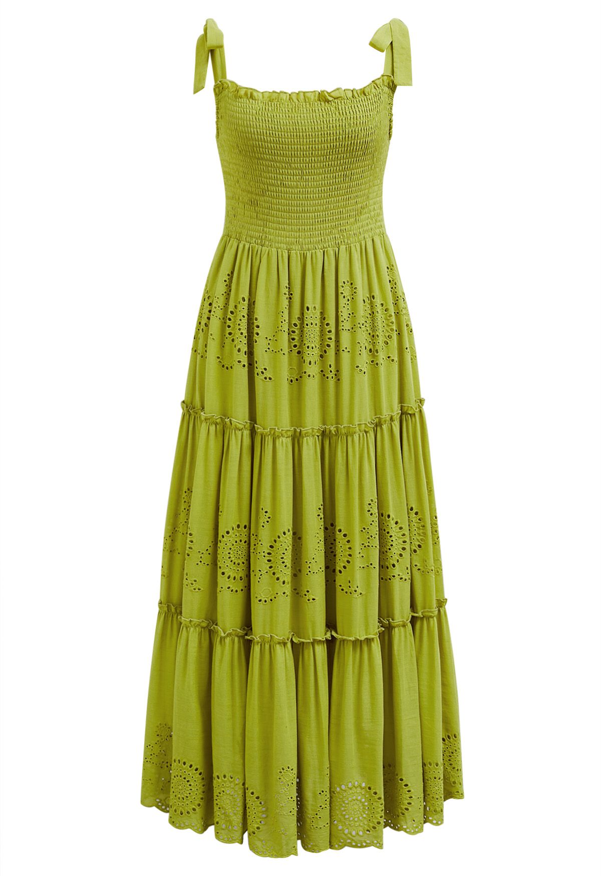 Lime Embroidery Shirred Tie-Strap Maxi Dress