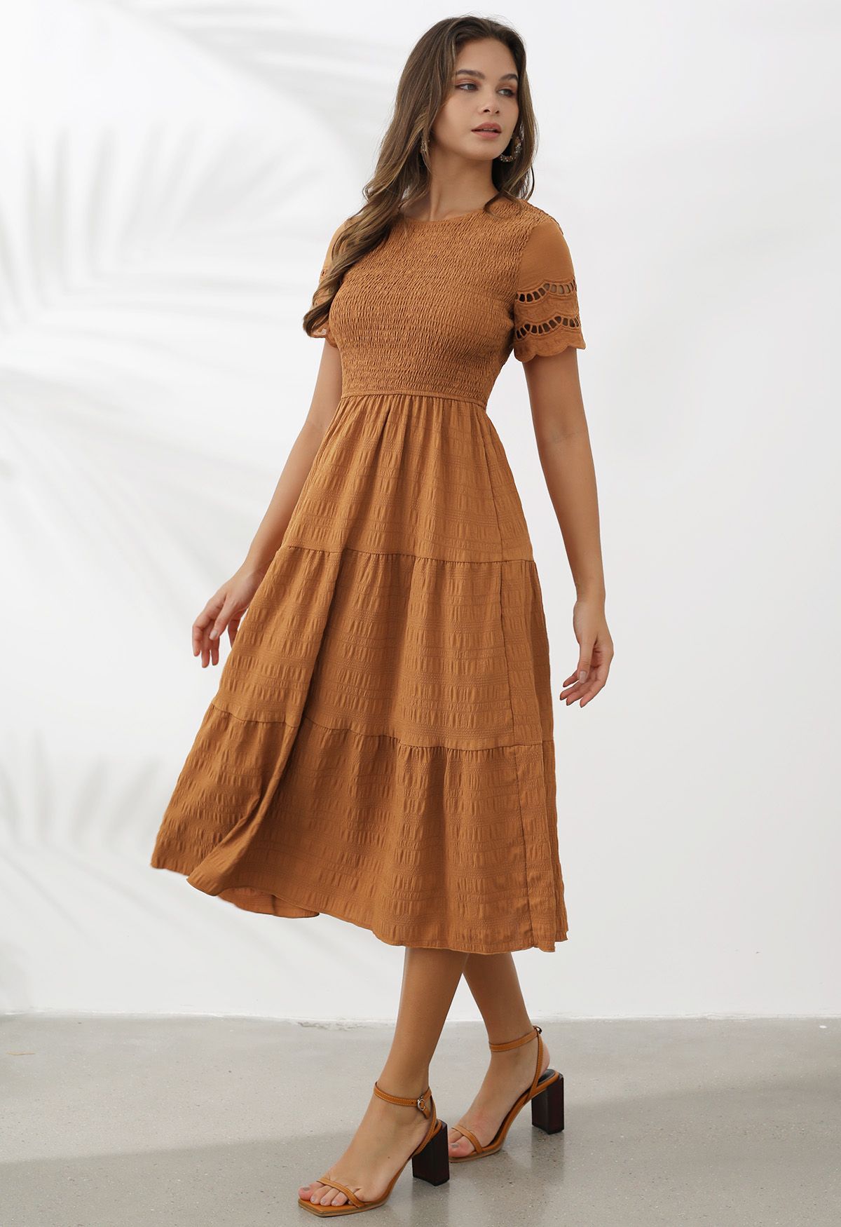 Cutwork Sleeve Shirred Bodice Midi Dress in Pumpkin