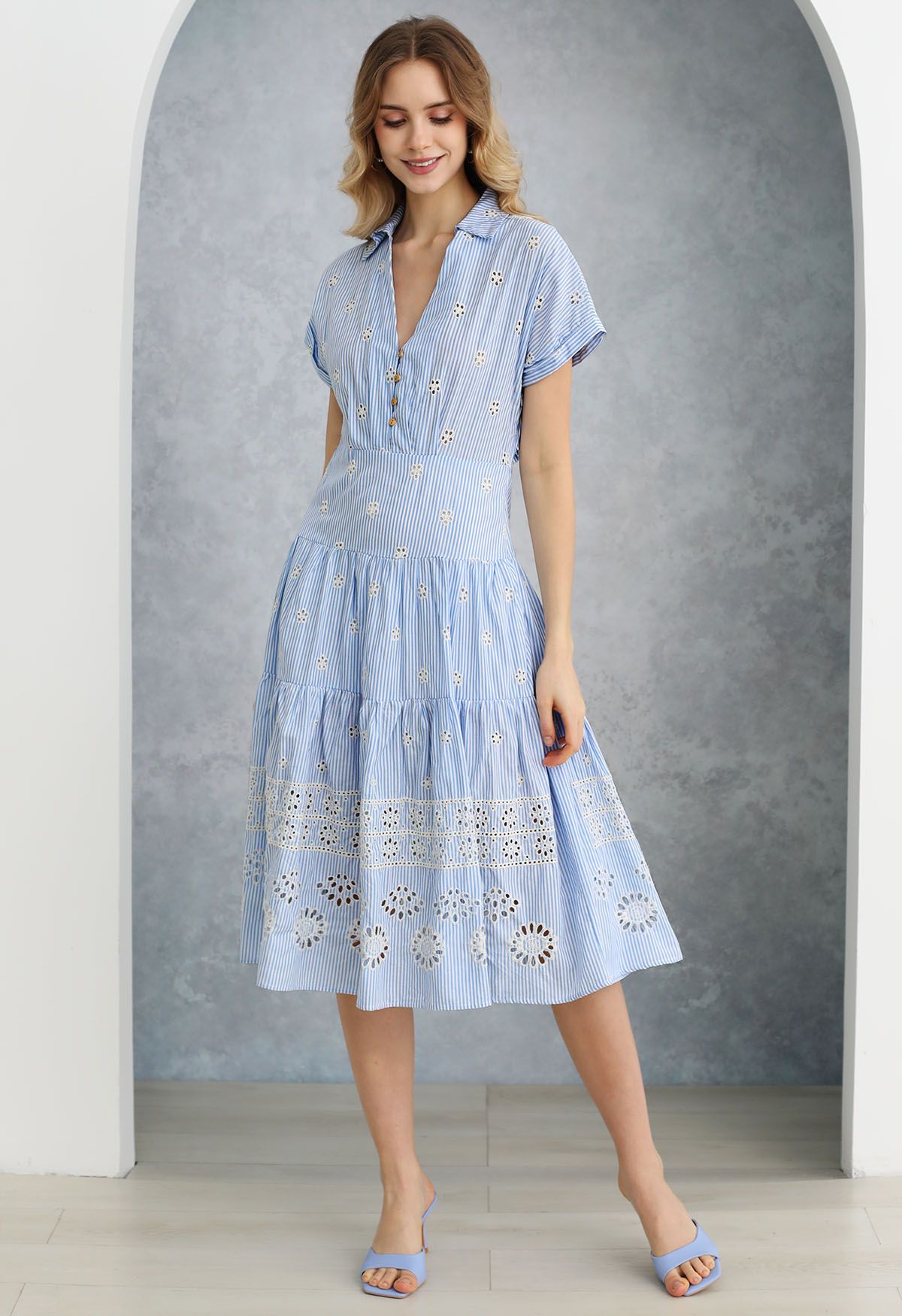 Floret Eyelet Embroidered Cutout Back Midi Dress