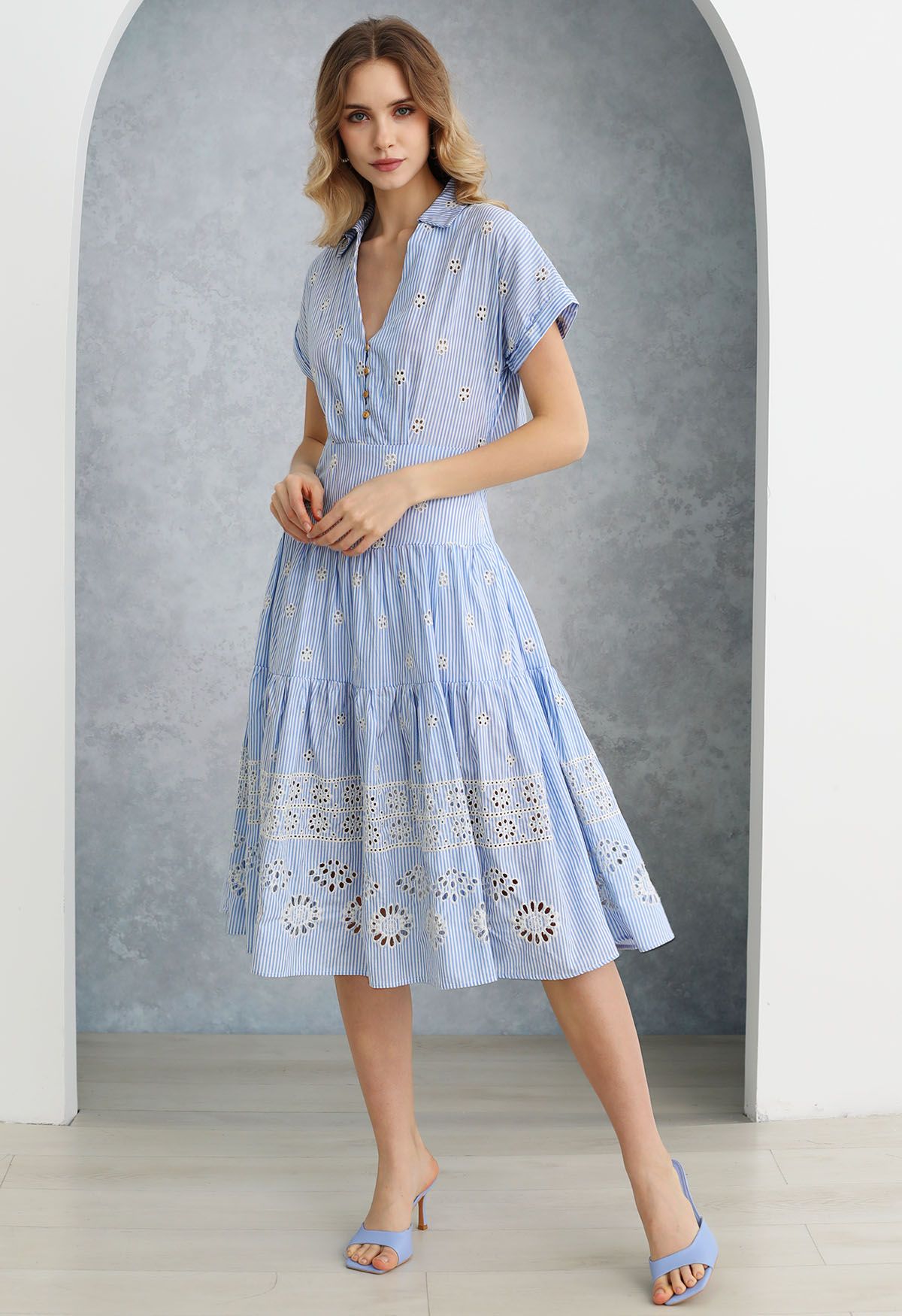 Floret Eyelet Embroidered Cutout Back Midi Dress