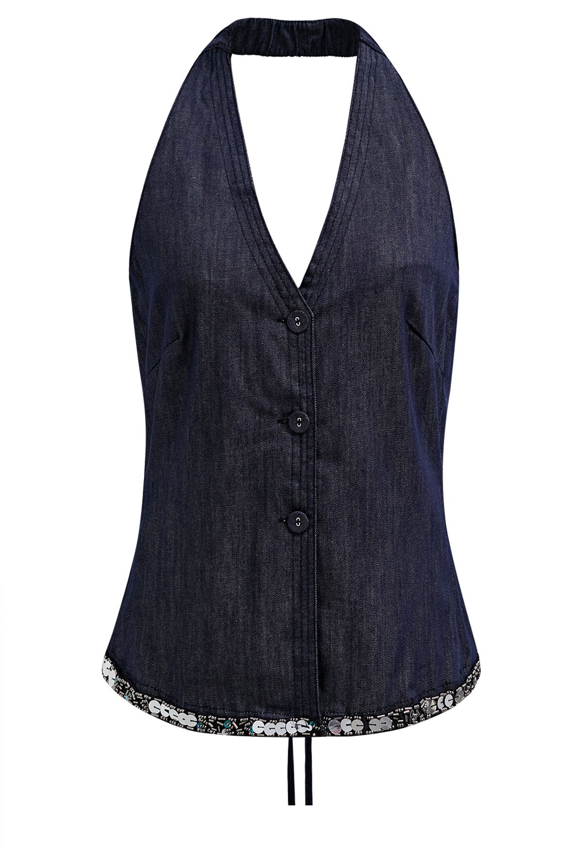 Button Down Sequined Hem Denim Halter Top