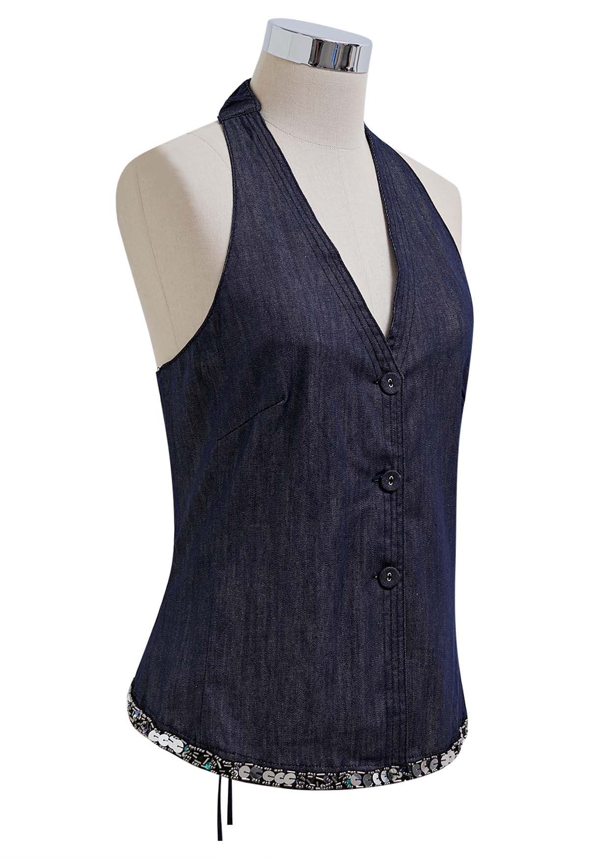 Button Down Sequined Hem Denim Halter Top