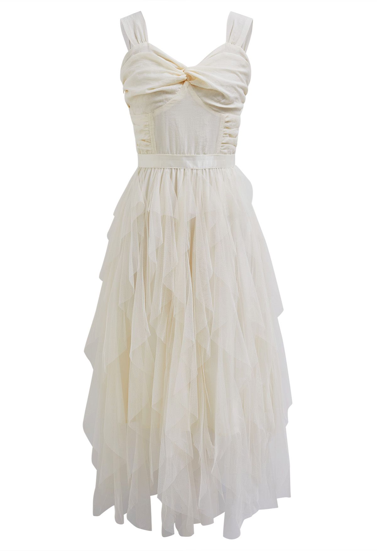 Twist Detail Mesh Tulle Cami Dress in Cream