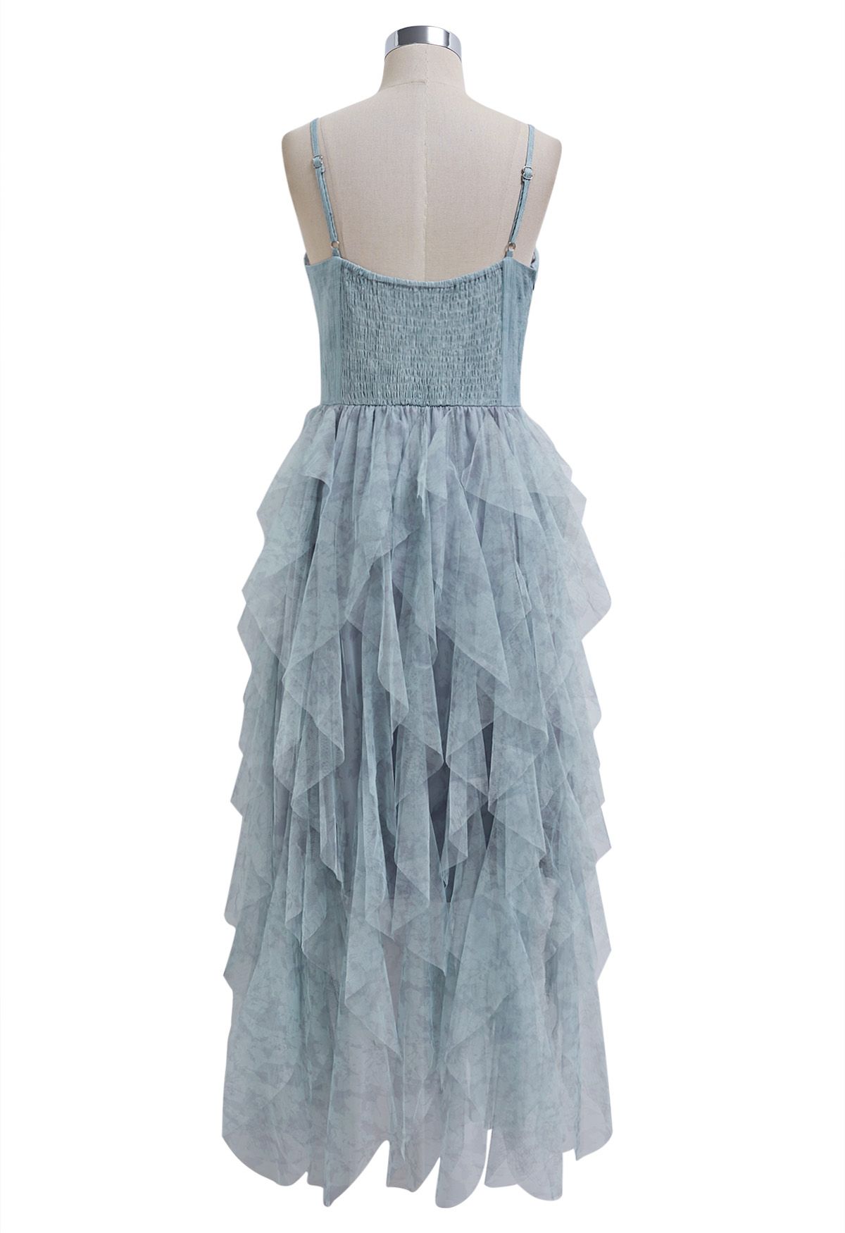 Ruffle Mesh Spliced Asymmetric Cami Dress in Dusty Blue