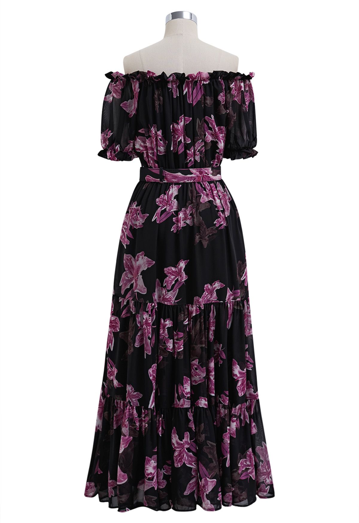 Lily Printed Off-Shoulder Chiffon Midi Dress in Purple