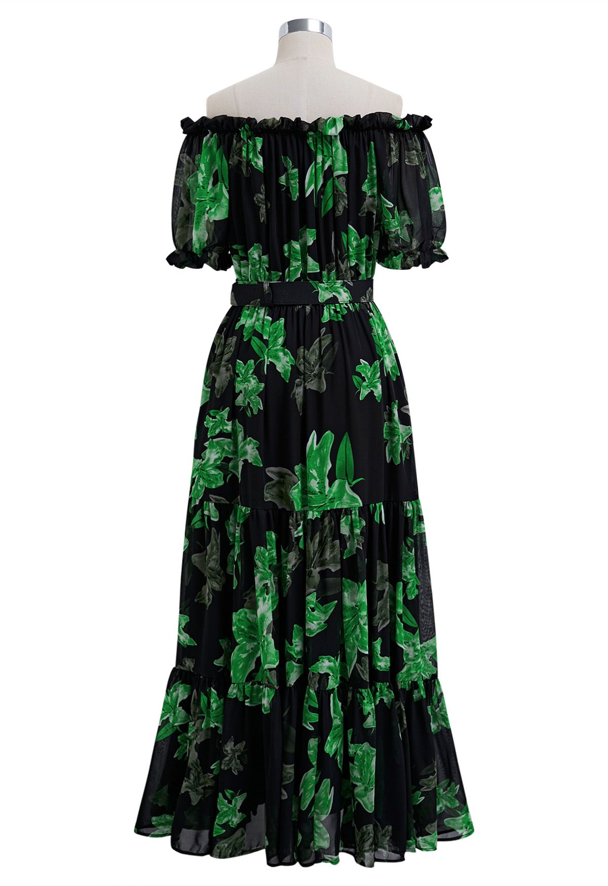 Lily Printed Off-Shoulder Chiffon Midi Dress in Green