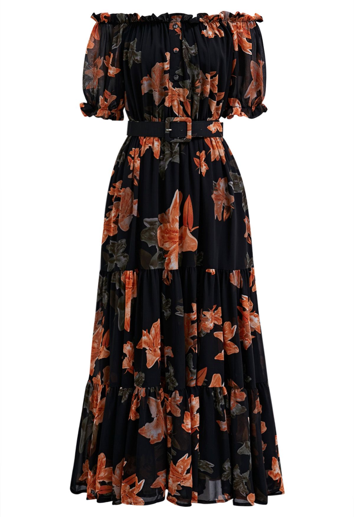 Lily Printed Off-Shoulder Chiffon Midi Dress in Orange