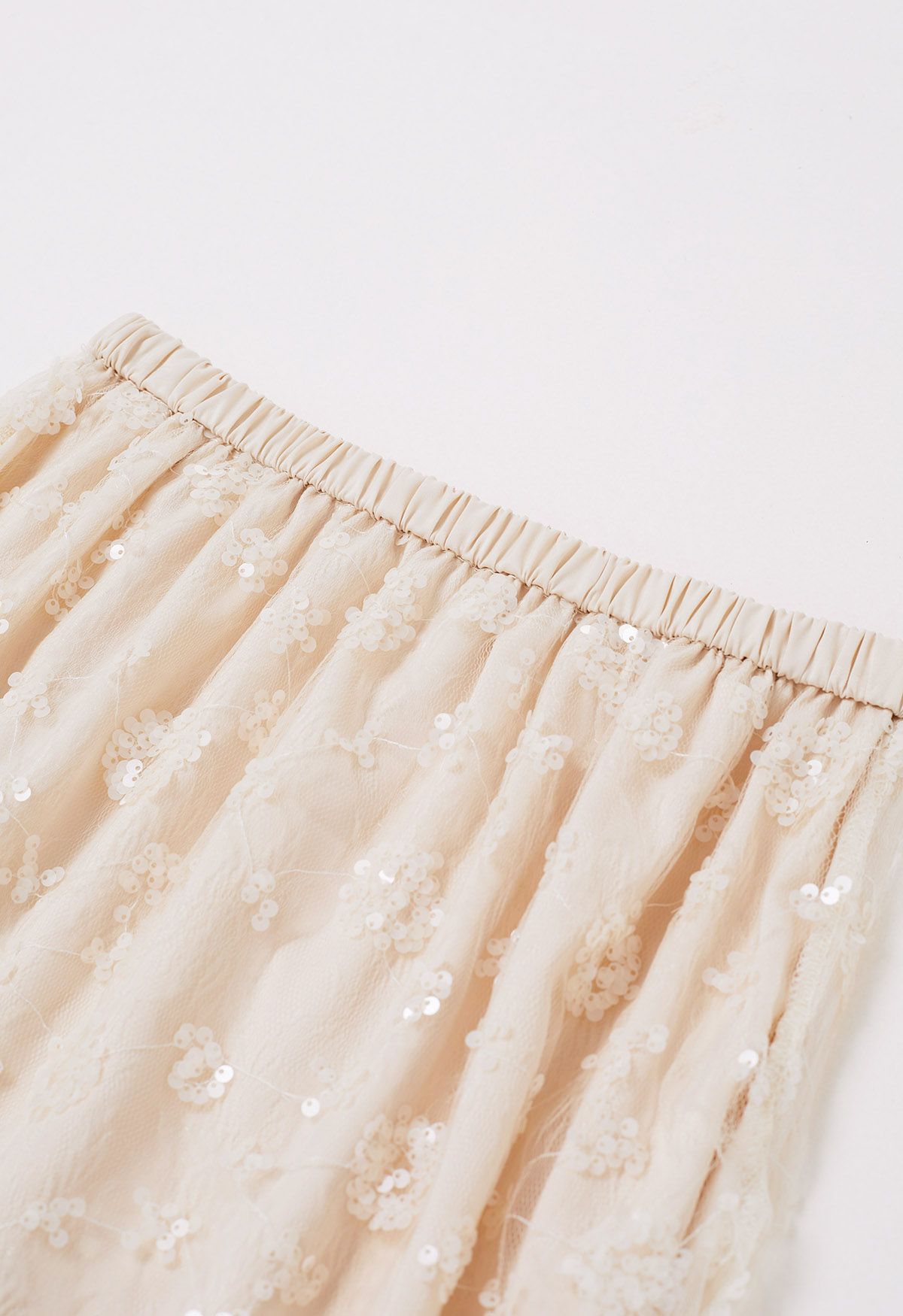 Sequined Dandelion Mesh Midi Skirt in Apricot