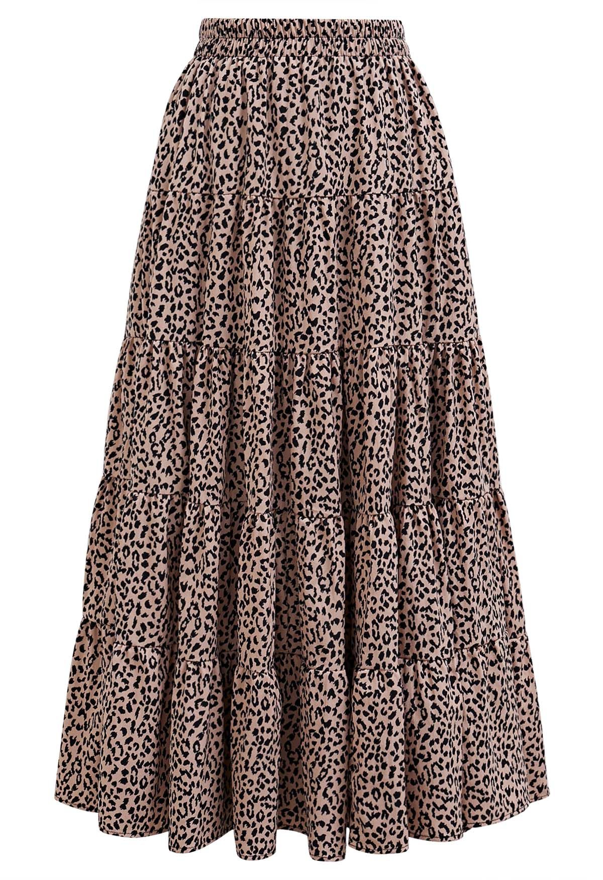 Leopard Printed Panelled Frilling Midi Skirt