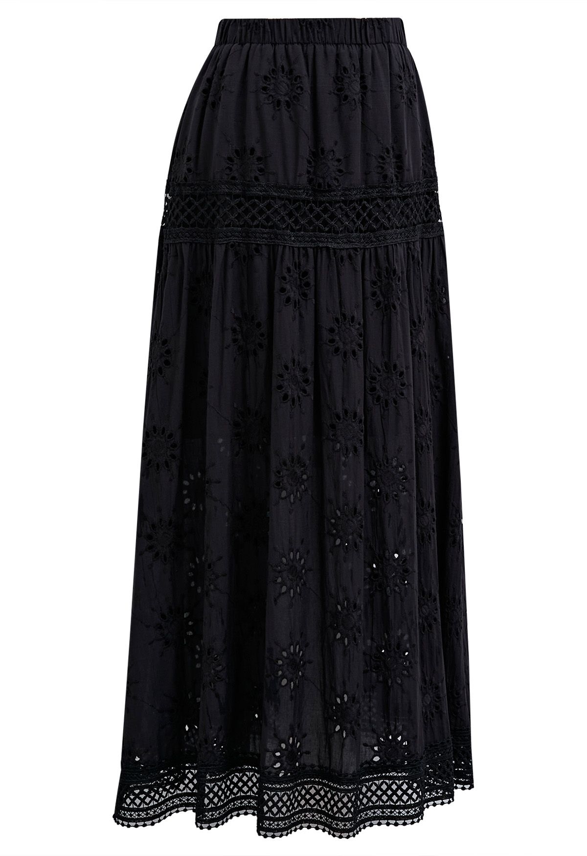 Floral Embroidered Eyelet Cotton Maxi Skirt in Black