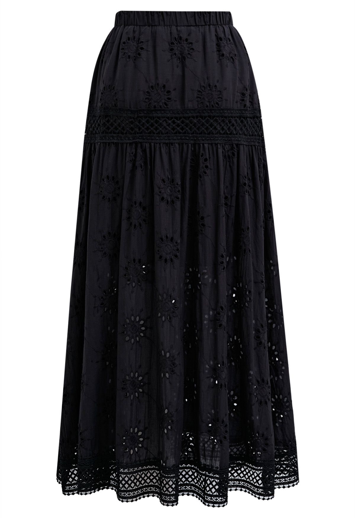 Floral Embroidered Eyelet Cotton Maxi Skirt in Black