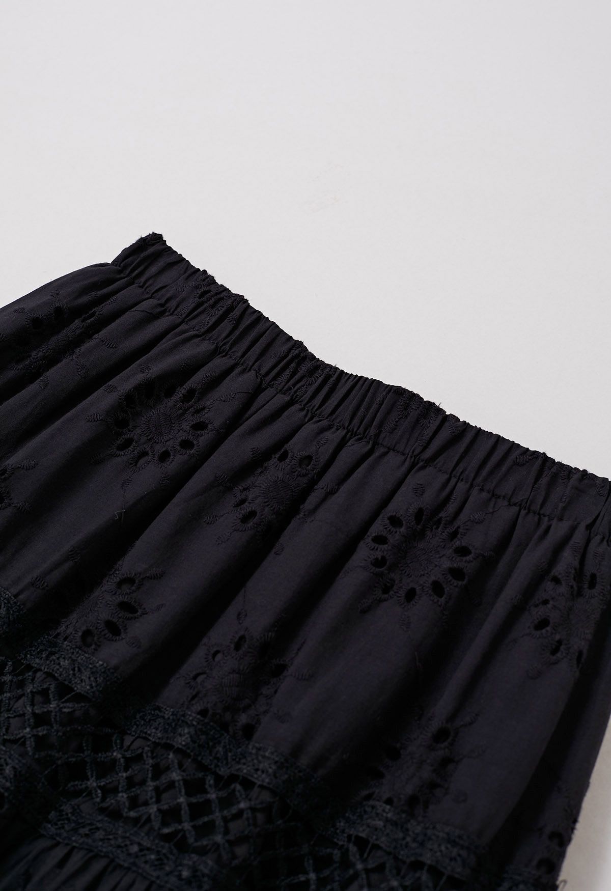 Floral Embroidered Eyelet Cotton Maxi Skirt in Black