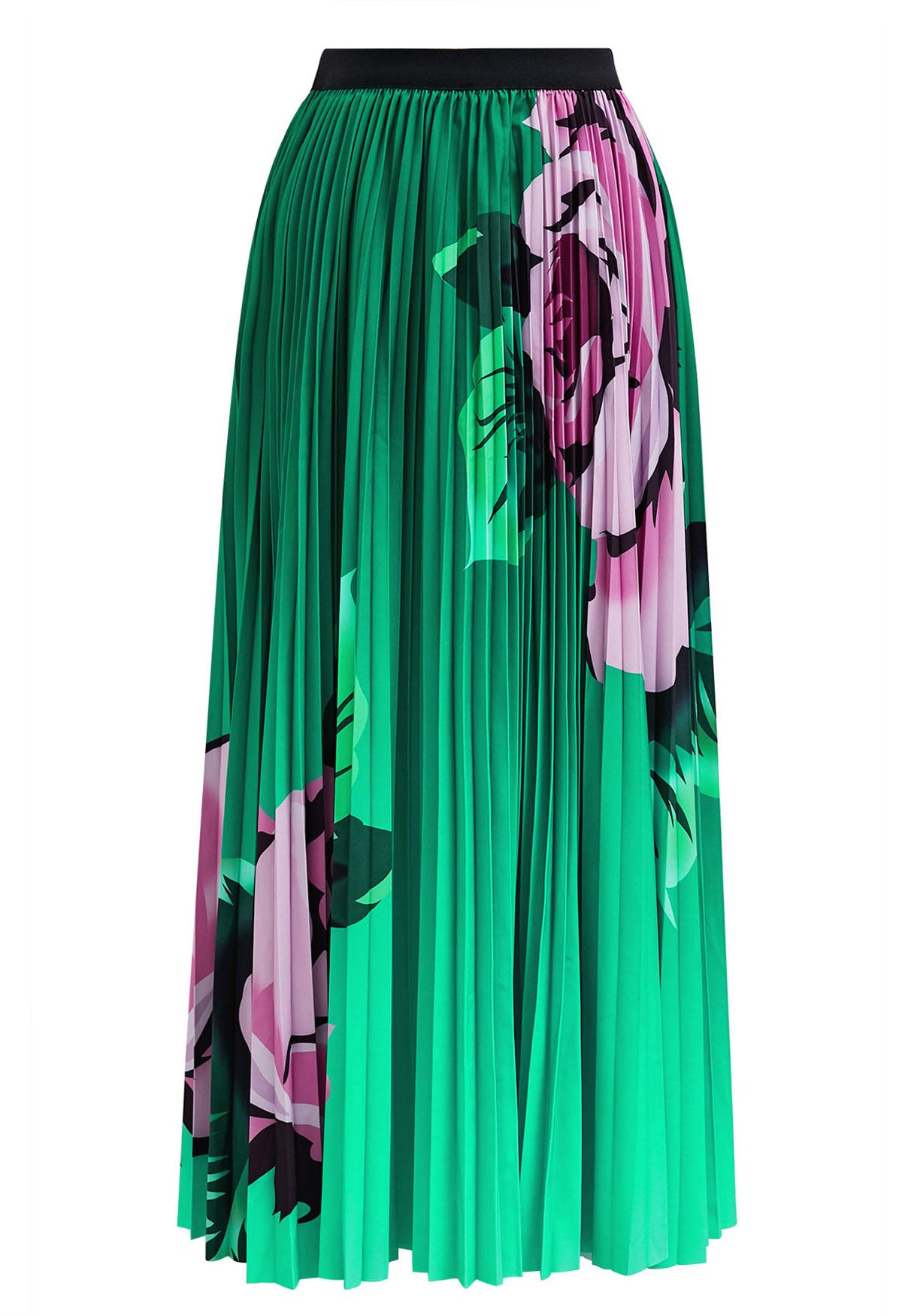 Watercolor Floral Accordion Pleated Skirt in Green