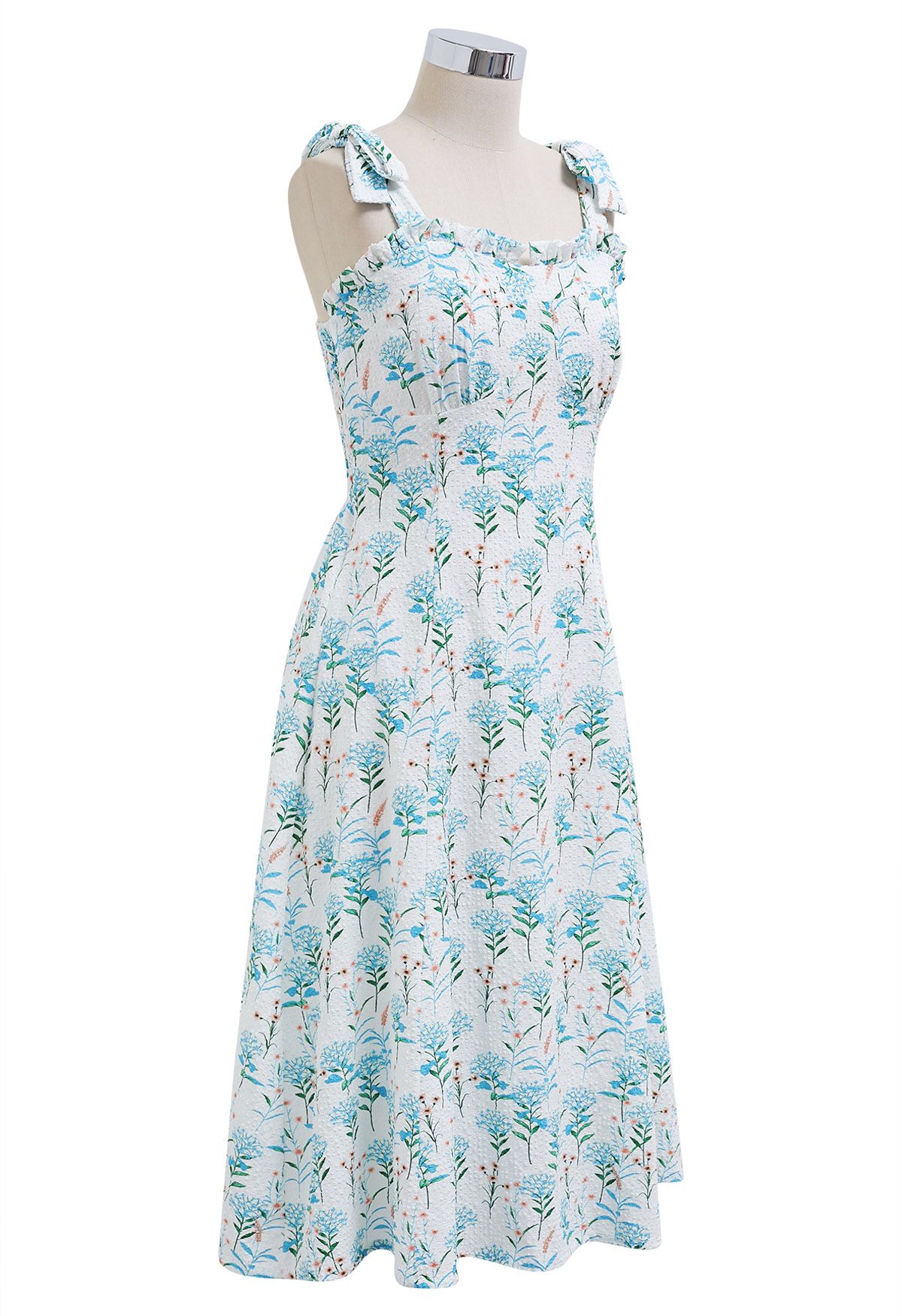 Blue Floral Printed Tie-Strap Embossed Midi Dress